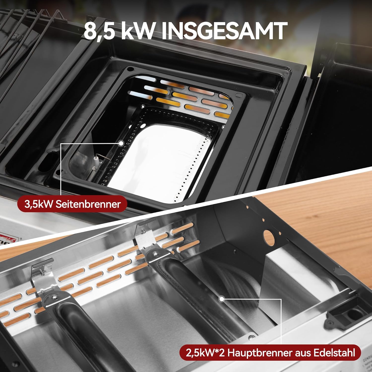 Royal Gourmet 8,5 kW Gasgrill, 3-in-1-Tischgrill mit Grillen, Braten, Kochen, 3 Brenner, tragbarer Picknickgrill, Campinggrill mit klappbarer Seitenablage, schwarz – Bild 5