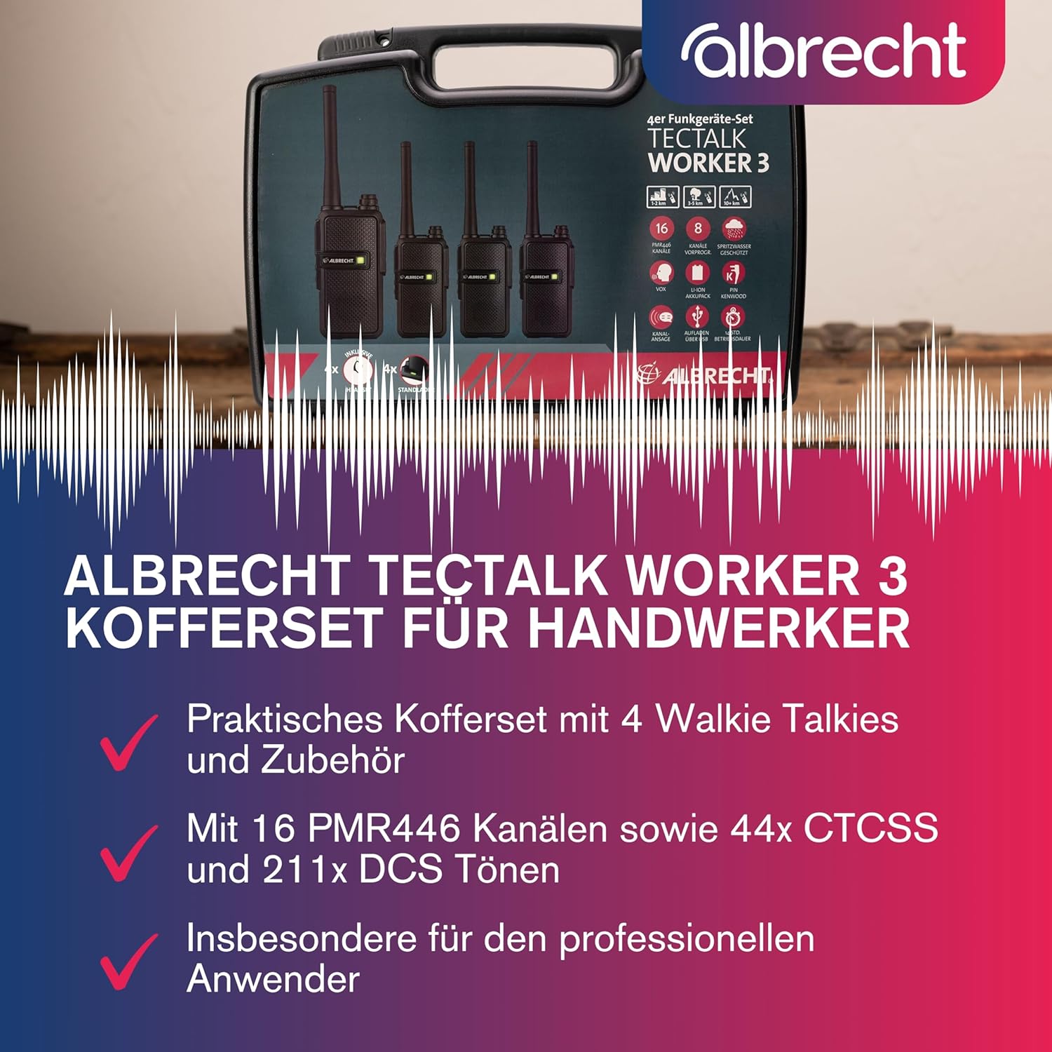 Albrecht Tectalk Worker 3 Kofferset, 4 Walkie Talkies & Zubehör, PMR446 Funkgeräte mit VOX, Robust für Baustelle, Sicherheit, Betrieb & Outdoor – Bild 2