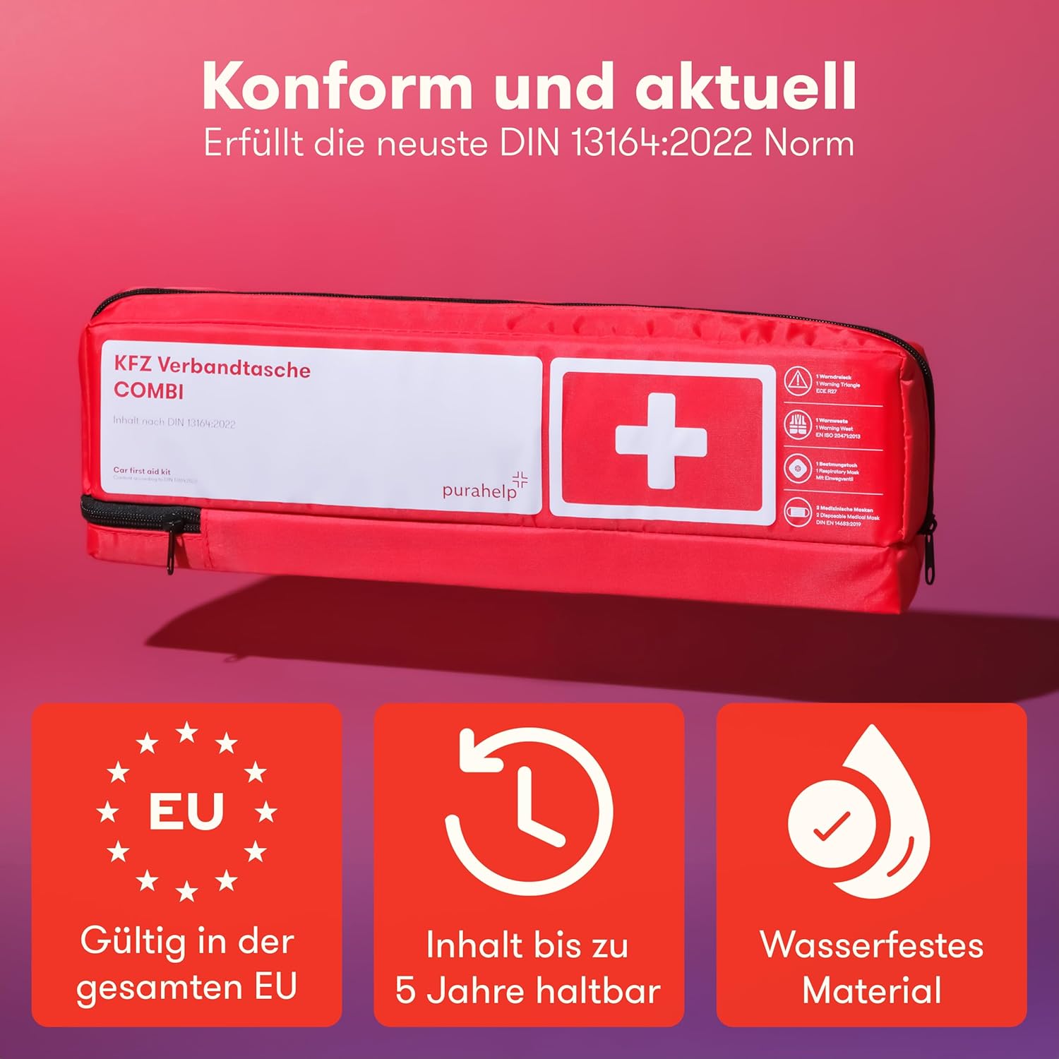 PURAHELP Auto-Kombitasche mit Lüftungstuch (DIN 13164) – Verbandskasten Auto mit Warndreieck & Warnweste – Auto-Verbandskasten StVO konform für 2026 – Verbandskasten Auto – Bild 2