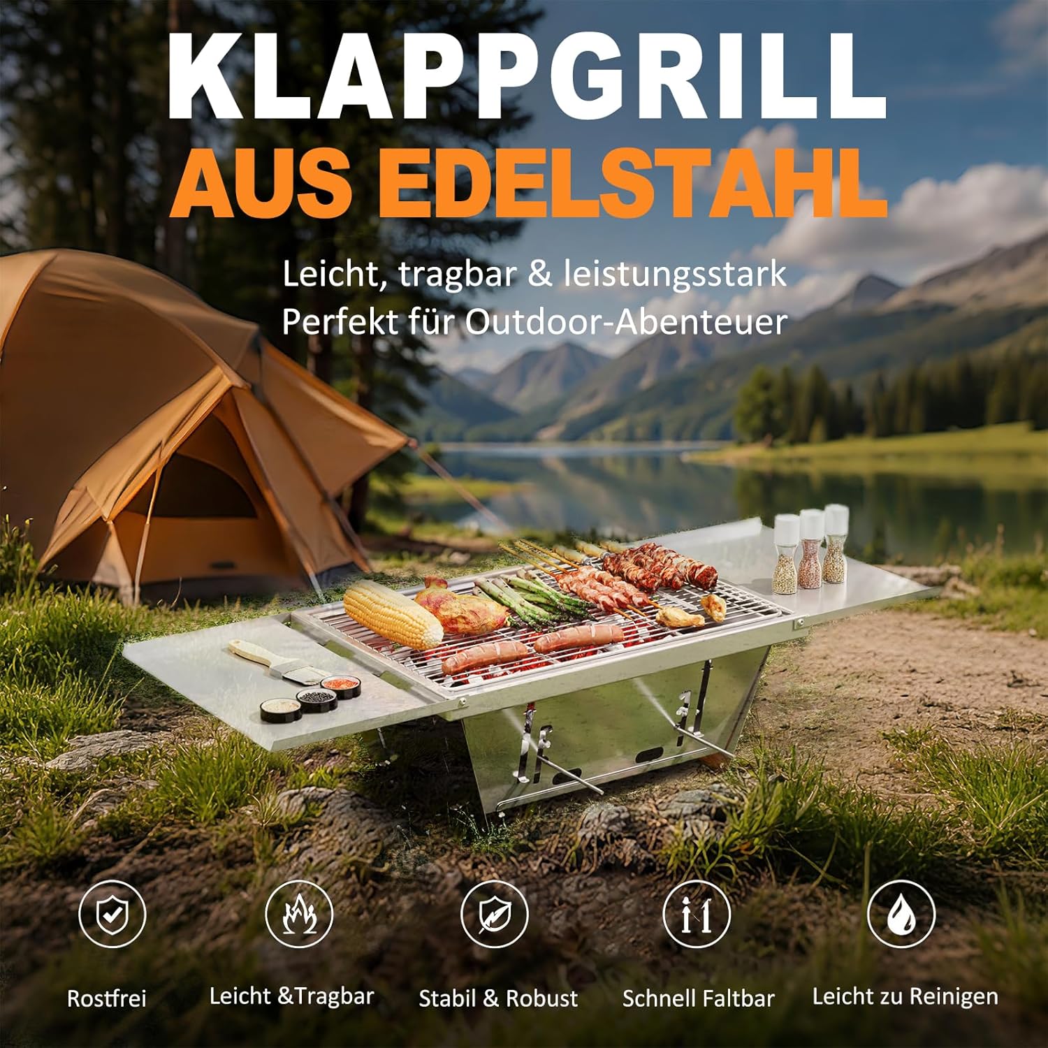 Dripex klappbarer Holzkohlegrill – schnell zusammenklappbarer tragbarer Campinggrill aus Edelstahl mit Tragetasche & Zubehör, hitzebeständig & formstabil für Camping, Picknick, Wandern, Garten (65 x 25 x 14 cm) – Bild 2