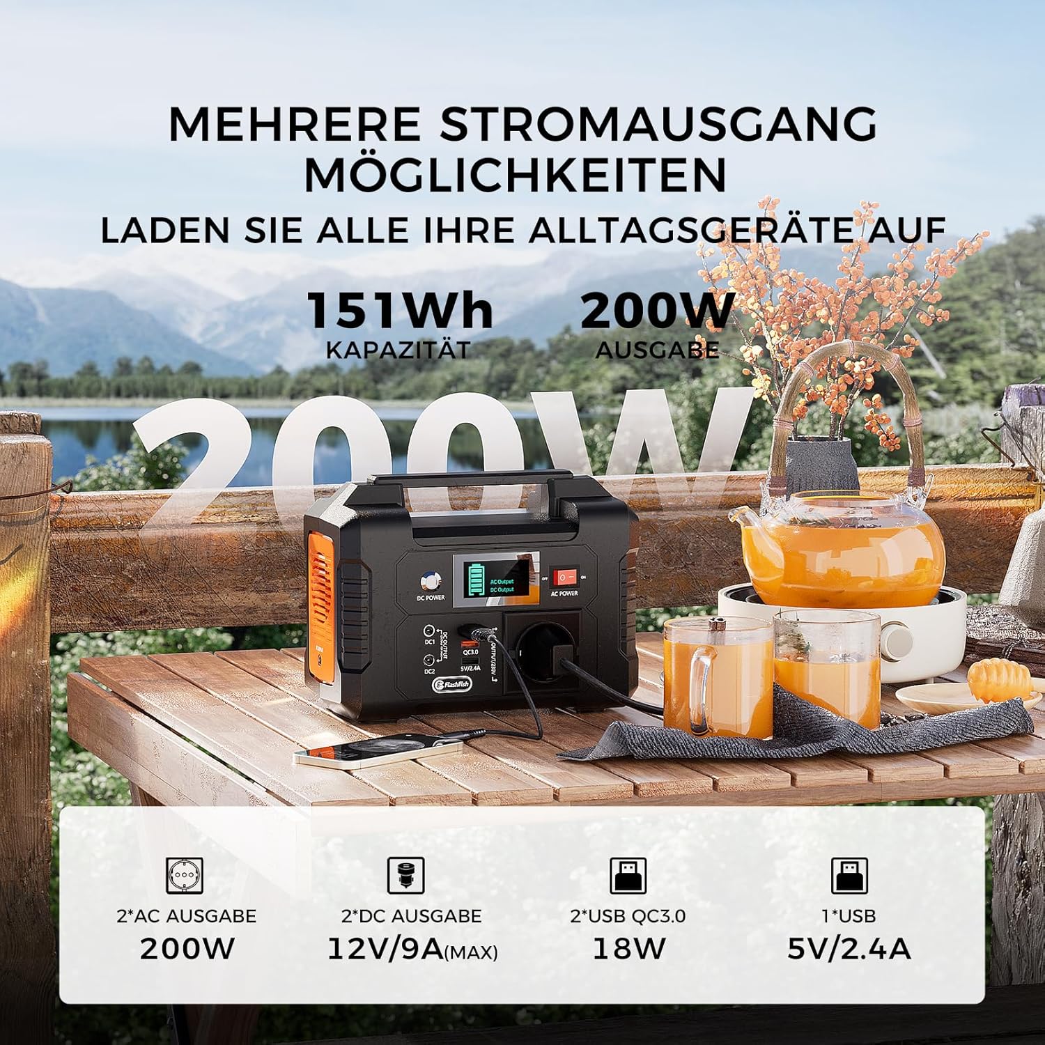 FlashFish Power Station 200 W, 151 Wh Stromgenerator, Solar AC Ausgang 230 V, Notstromgenerator Batterie mit Steckdose, Kleinkraftwerk, Tragbares Kraftwerk für Camping, Abenteuer und Notfälle – Bild 2