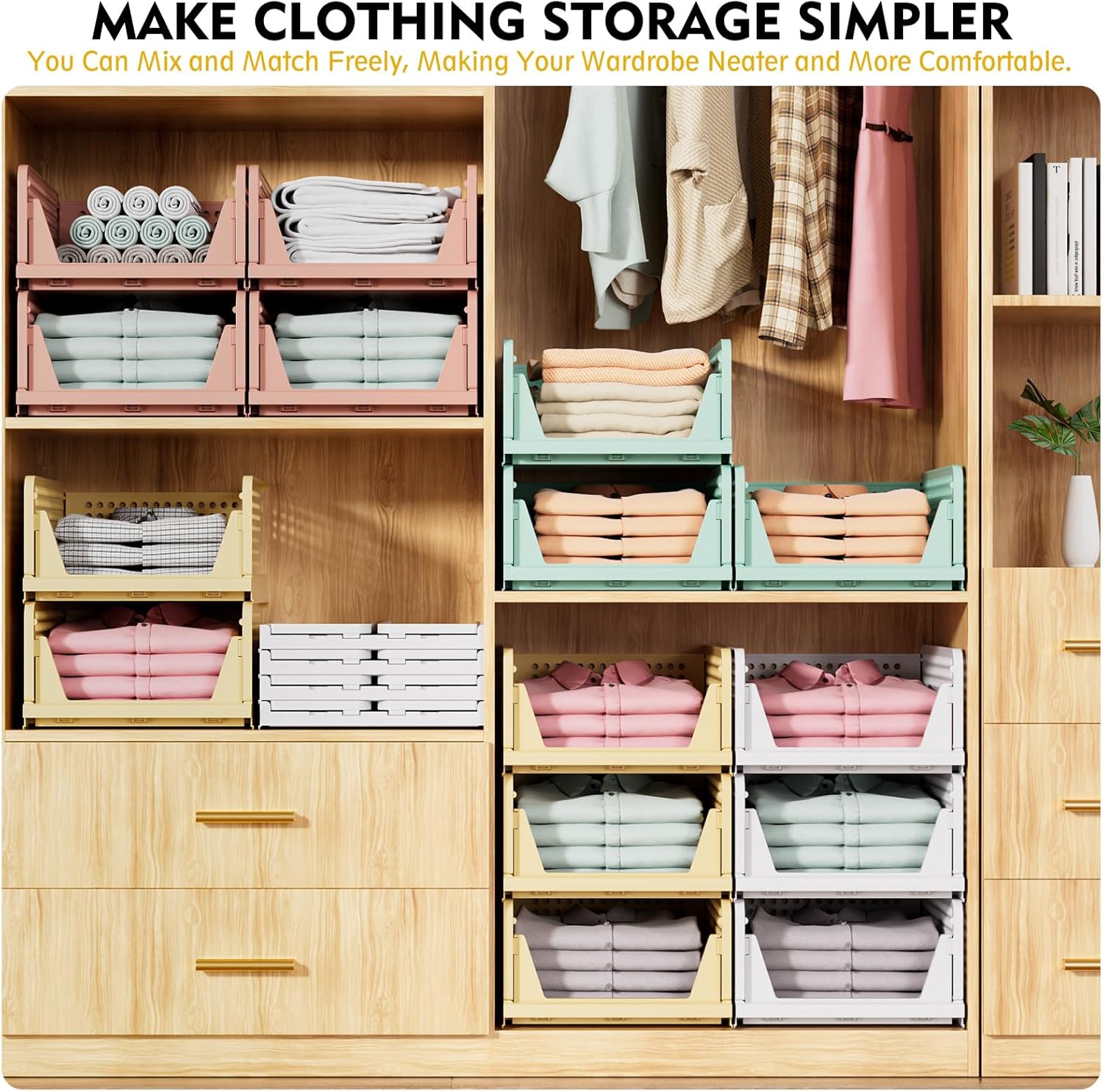 SNSLXH Kleiderschrank-Organizer, faltbare Kunststoff-Aufbewahrungsbox mit Schubladen-Design, stapelbarer Schrank-Organizer für Badezimmer, Küche, Schlafzimmer, weiß, 5 Stück – Bild 4