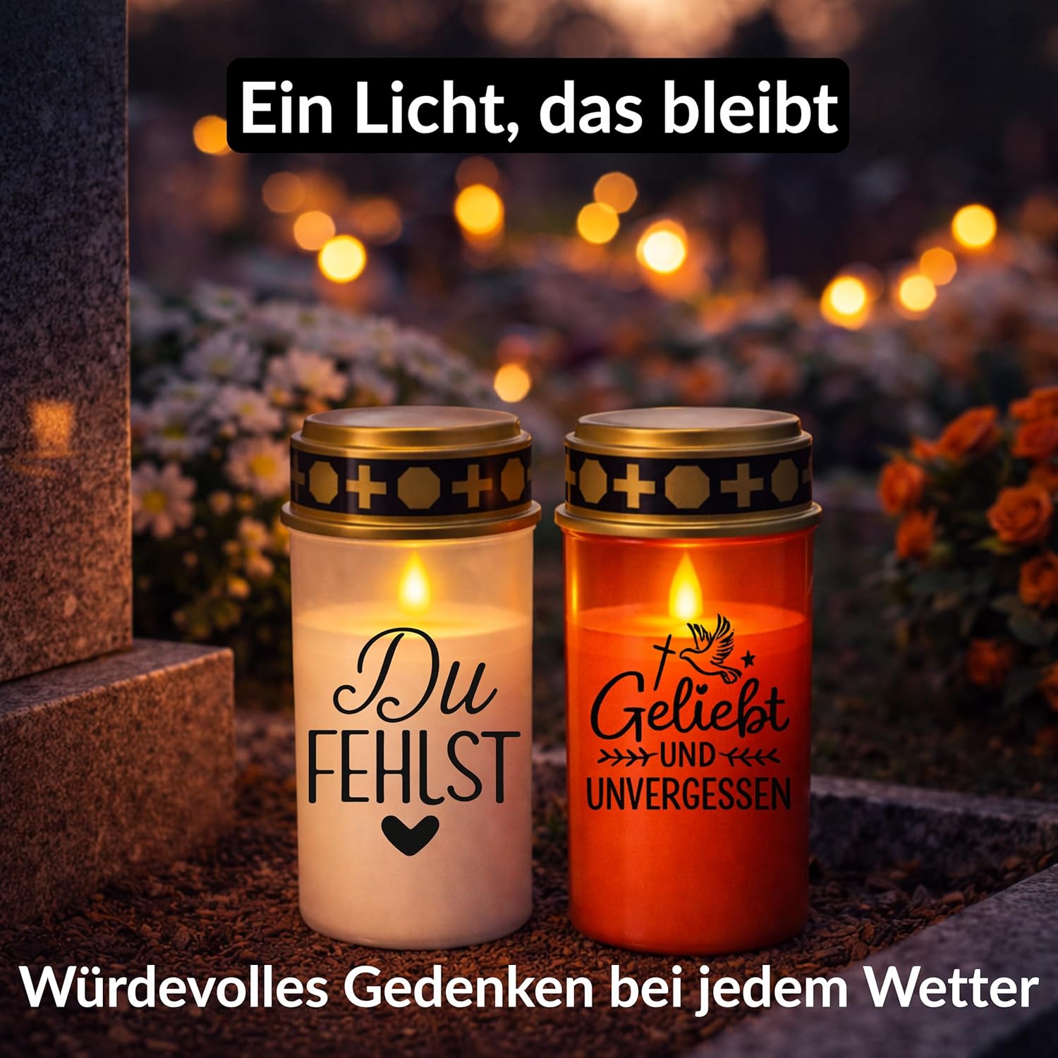 Grablichter LED mit Batterie I Grabkerzen wetterfest für den Außenbereich mit Flackereffekt I Friedhofskerzen bis zu 6 Monate Leuchtdauer I Stilvolle Gedenkkerze inklusive 3 Aufklebern zur Gestaltung I Drytogo – Bild 5
