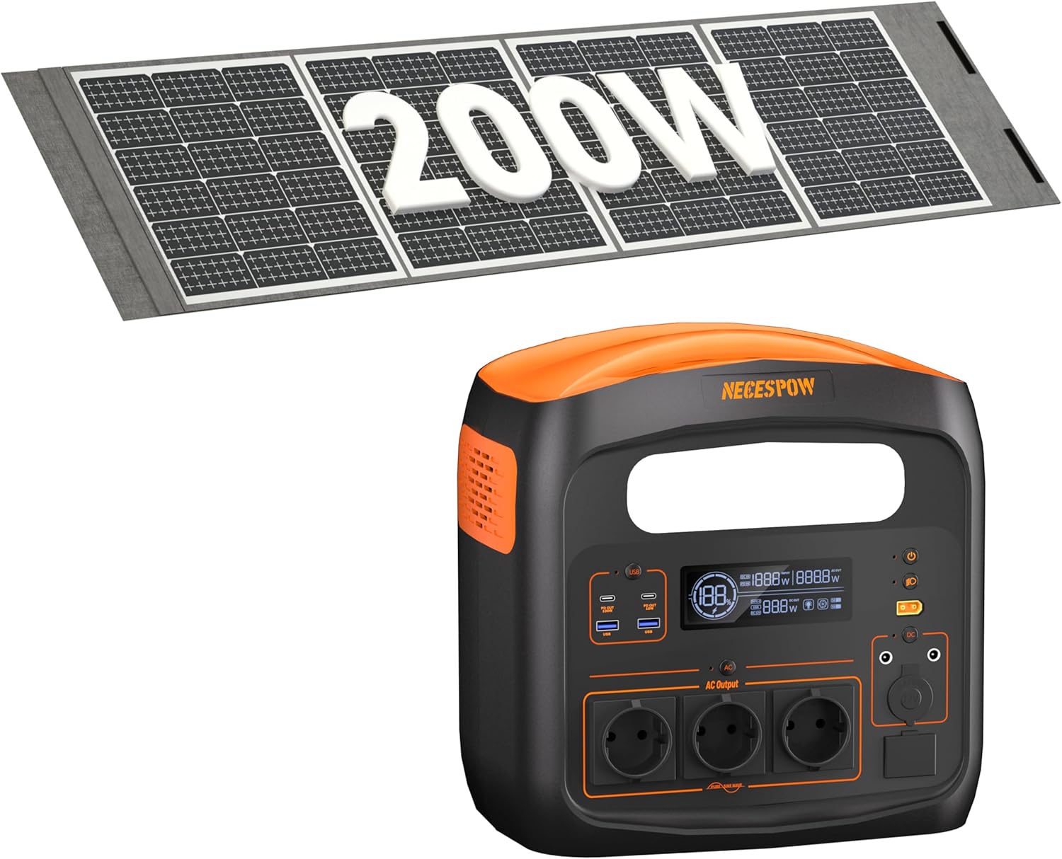 Tragbares Kraftwerk mit 200 W Solarpanel, Solargenerator 1800 W, 1024 Wh LiFePO4-Akku, PD 100 W, USB-C/AC/DC, Solarladung, für Camping, Notstrom, Outdoor