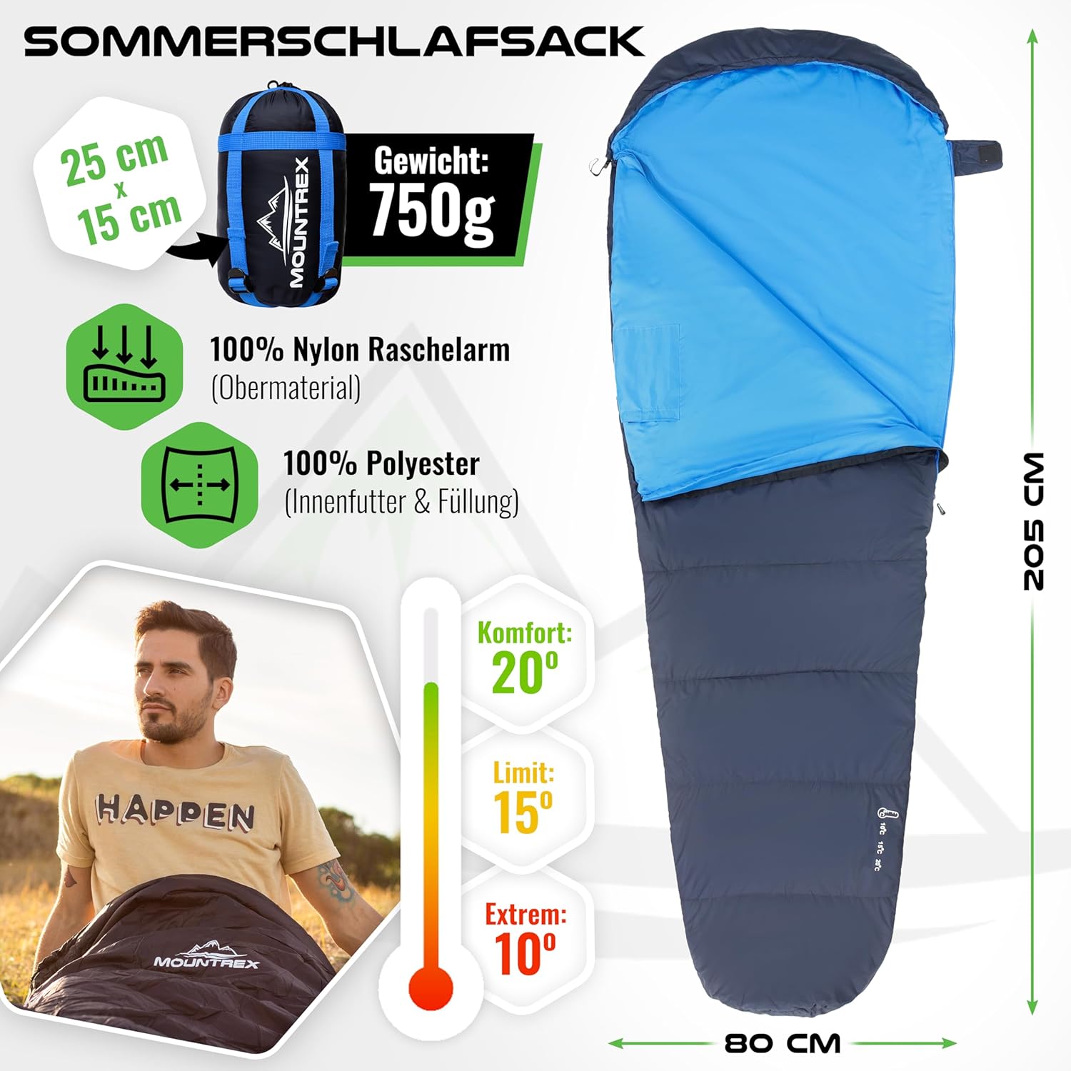 Mountrex Schlafsack – kleines Packmaß und ultraleicht (720 g / 1500 g) – Outdoor-Sommerschlafsack (100 g/m²) / 3 – 4 Jahreszeiten (300 g/m²) Mumienschlafsack – Camping, Reisen, Festival – warm und zusammenzippbar – Bild 2