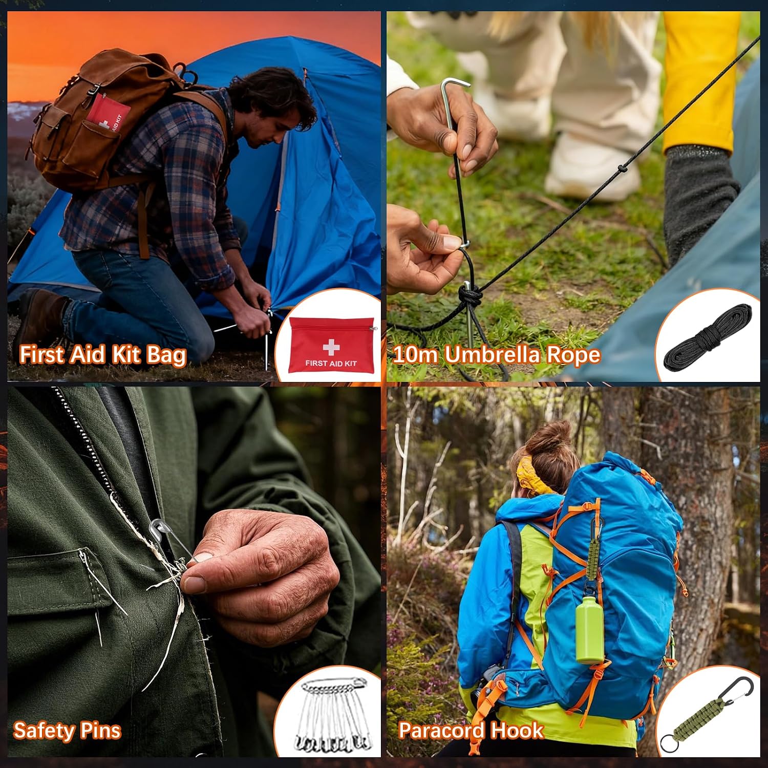 69-teiliges Outdoor-Notfall-Überlebensset, taktischer Taschenlampenkompass, Feuerstahl, Paracord, Multifunktionswerkzeuge und Regenponcho, Notfallausrüstung für Camping, Wandern und Outdoor-Abenteuer – Bild 8