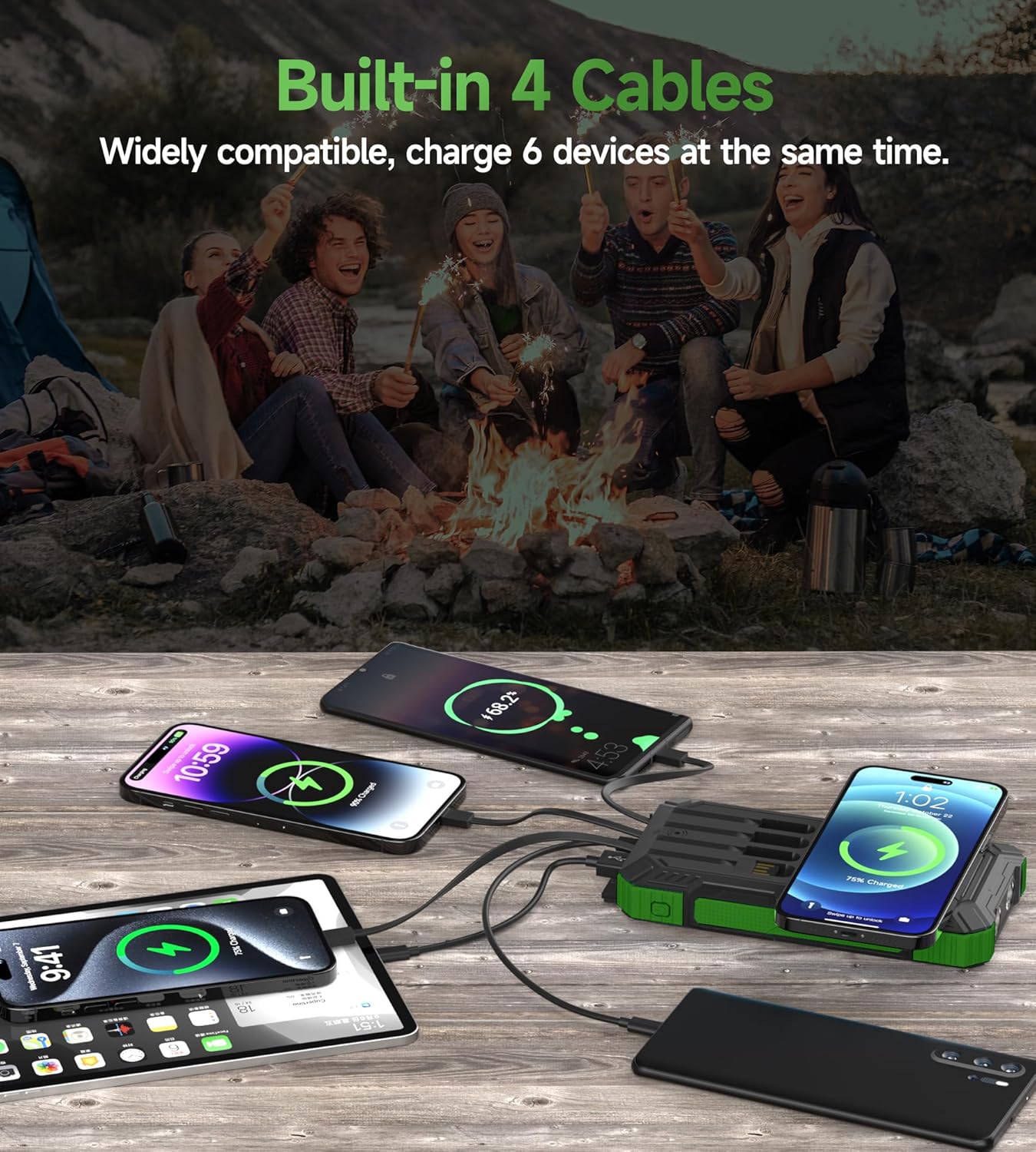 Powerbank 56800 mAh PD30W Solar Powerbank USB C Kabelloses Laden Externes Akkuladegerät mit 4 Kabeln, Schnellladung, 6 Ausgänge, 3 Eingänge, Powerbank Solar Outdoor mit Camping-LED-Lampe, Kompass – Bild 4