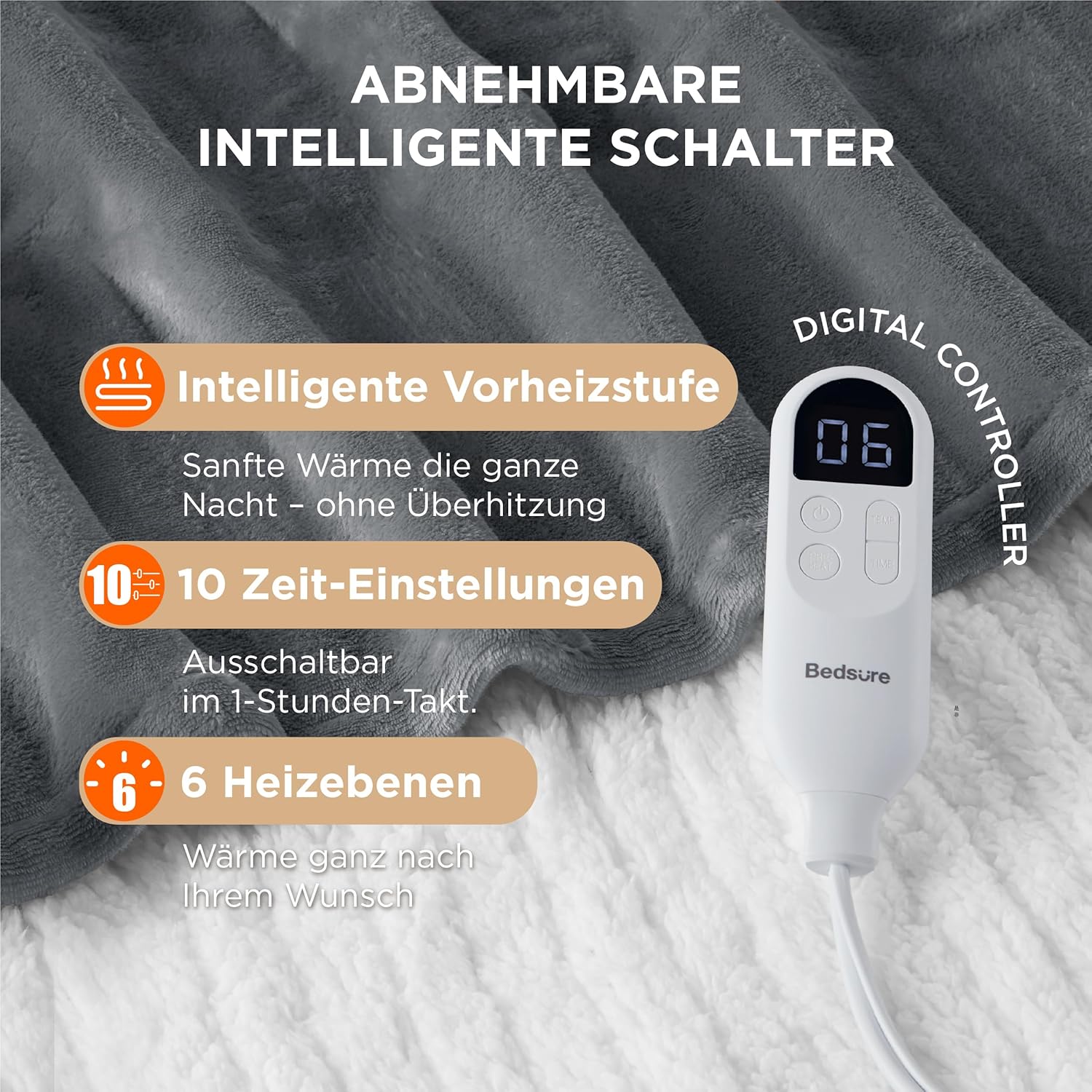 BEDSURE Heizdecke, elektrische Kuscheldecke, Geschenke für Frauen, mit automatischer Abschaltung, 6 Heizstufen und 10-Stunden-Timer, bis zu 8 Stunden Überhitzungsschutz für Zuhause und Büro, Grau – Bild 3