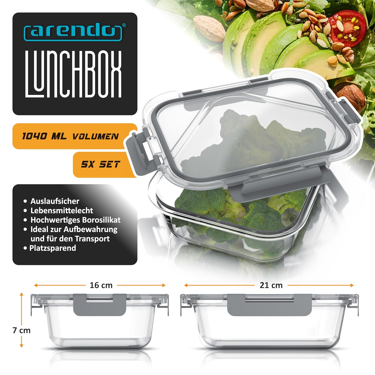 Arendo – Frischhaltedosen aus Glas für Lebensmittel mit luftdichtem Deckel – 5er-Set – 1000 ml – für Mikrowelle, Backofen, Gefrierschrank – spülmaschinenfest – Lunchboxen, Meal-Prep-Boxen-Set – Bild 2