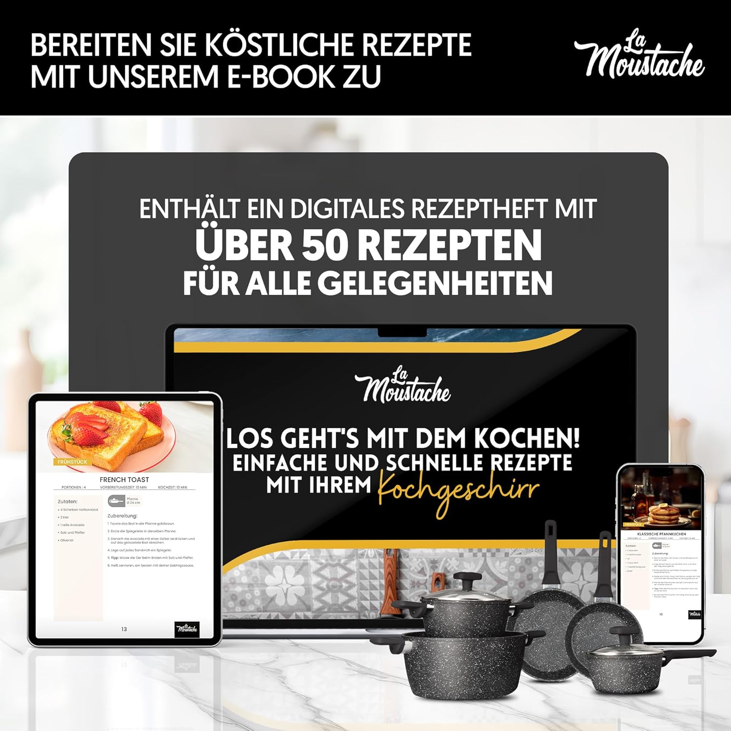 La Mustache – 8-teiliges Aluminium-Kochgeschirr-Set mit E-Book, Antihaftbeschichtung, 3 Töpfen, 3 Glasdeckeln und 2 Bratpfannen für alle Herdarten einschließlich Induktion, PFOA/PFOS-frei (Onix) – Bild 8