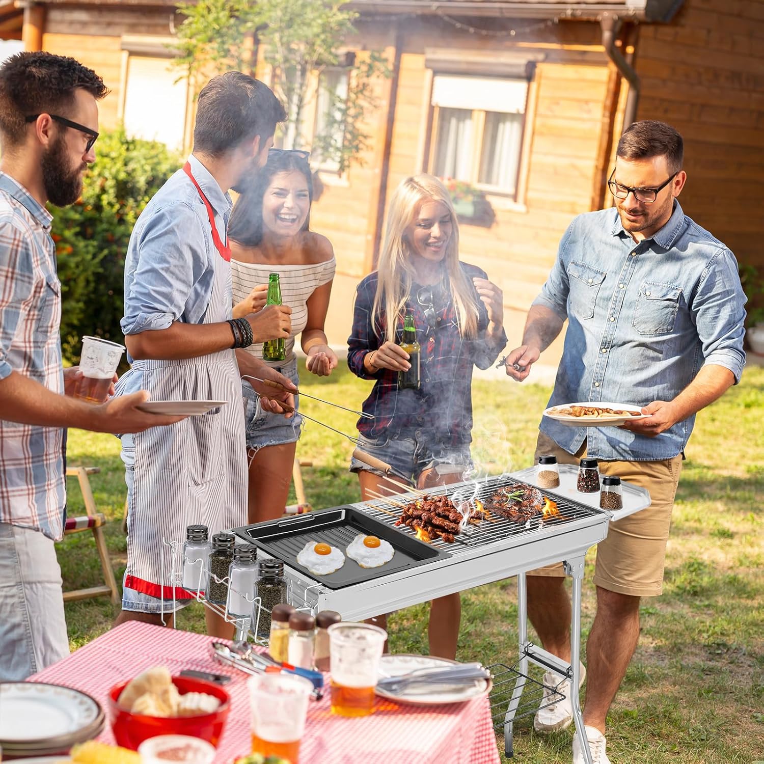 Holzkohlegrill, Campinggrill, Klappgrill aus Edelstahl, 100 x 31 x 71 cm (XXL), tragbare Grills, komplettes Zubehör, Outdoor, Terrasse, Camping, Grillparty, für 5-10 Personen – Bild 7
