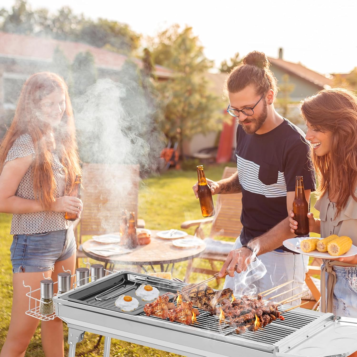 Holzkohlegrill, Campinggrill, Klappgrill aus Edelstahl, 100 x 31 x 71 cm (XXL), tragbare Grills, komplettes Zubehör, Outdoor, Terrasse, Camping, Grillparty, für 5-10 Personen – Bild 6
