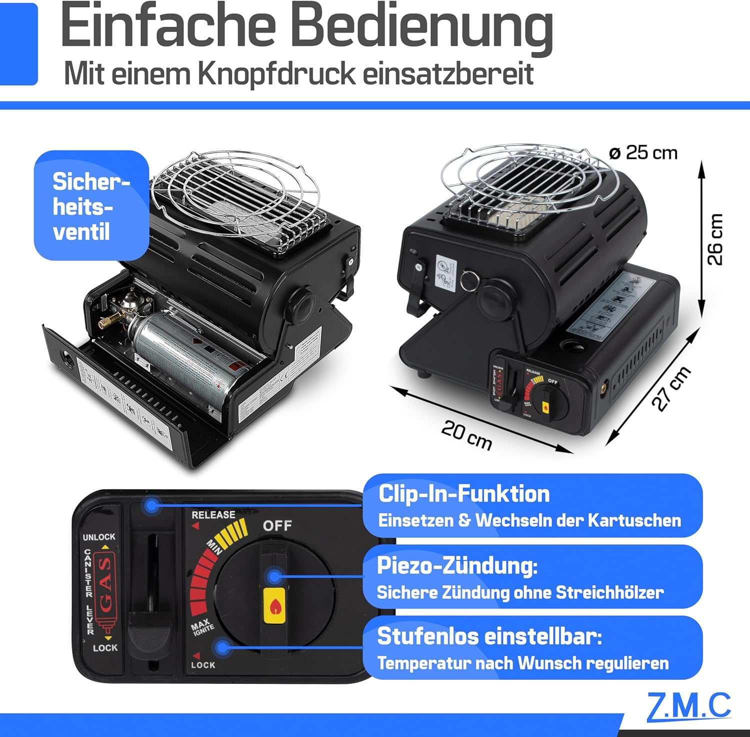 ZMC 2-in-1 tragbarer Keramik-Gasheizer und Gaskocher 1,3 kW mit LPG-Anschluss + 8 Gaskartuschen, Campingkocher mit Piezo-Zündung, Camping-Heizung, Gasheizung für drinnen, draußen, Camping, Wohnwagen – Bild 2