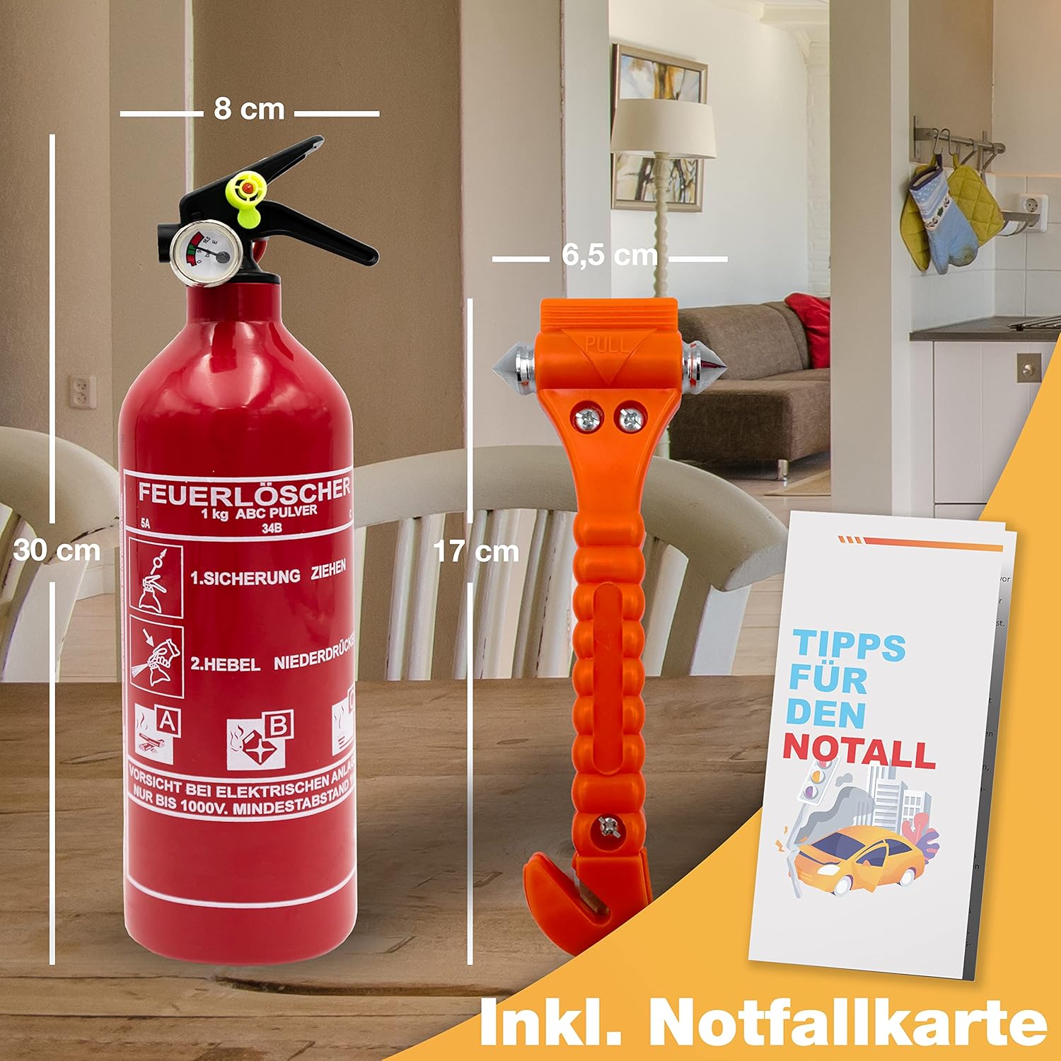 Feuerlöscher Auto 1 kg + Nothammer Auto mit Gurtschneider (inklusive Notfallkarte) – Strenge Qualitätssicherung – Nothammer, Auto-Feuerlöscher, Auto, klein – Bild 5