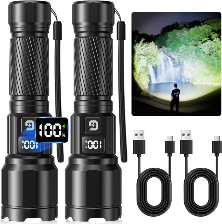 GEARLITE Taschenlampen LED wiederaufladbar, 6000 LM LED-Taschenlampe extrem hell mit 3 Modi, IP65 wasserdicht, Handlampe zoombar für Camping, Wandern, Outdoor, 2 Stück