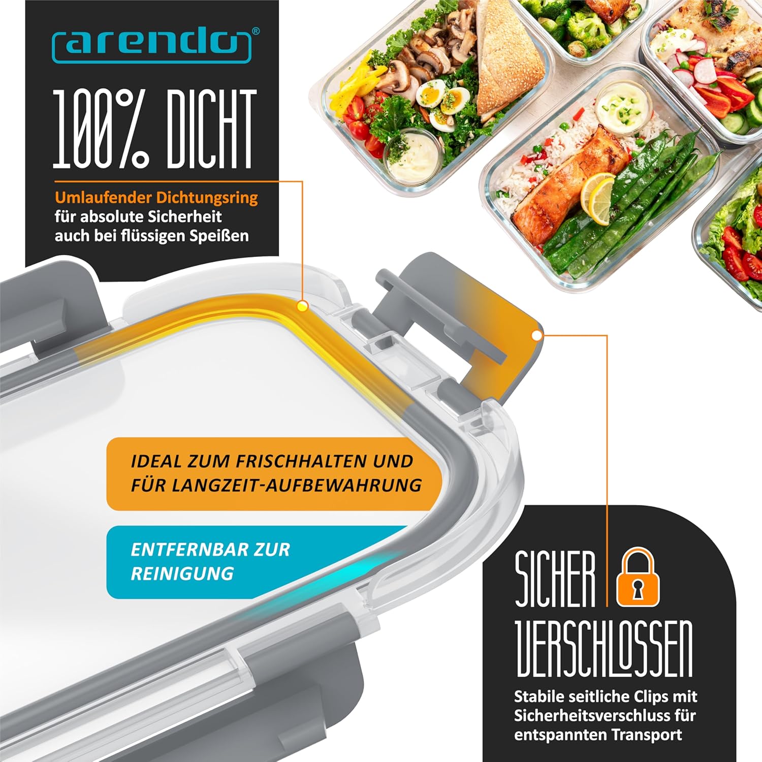 Arendo – Frischhaltedosen aus Glas für Lebensmittel mit luftdichtem Deckel – 5er-Set – 1000 ml – für Mikrowelle, Backofen, Gefrierschrank – spülmaschinenfest – Lunchboxen, Meal-Prep-Boxen-Set – Bild 3