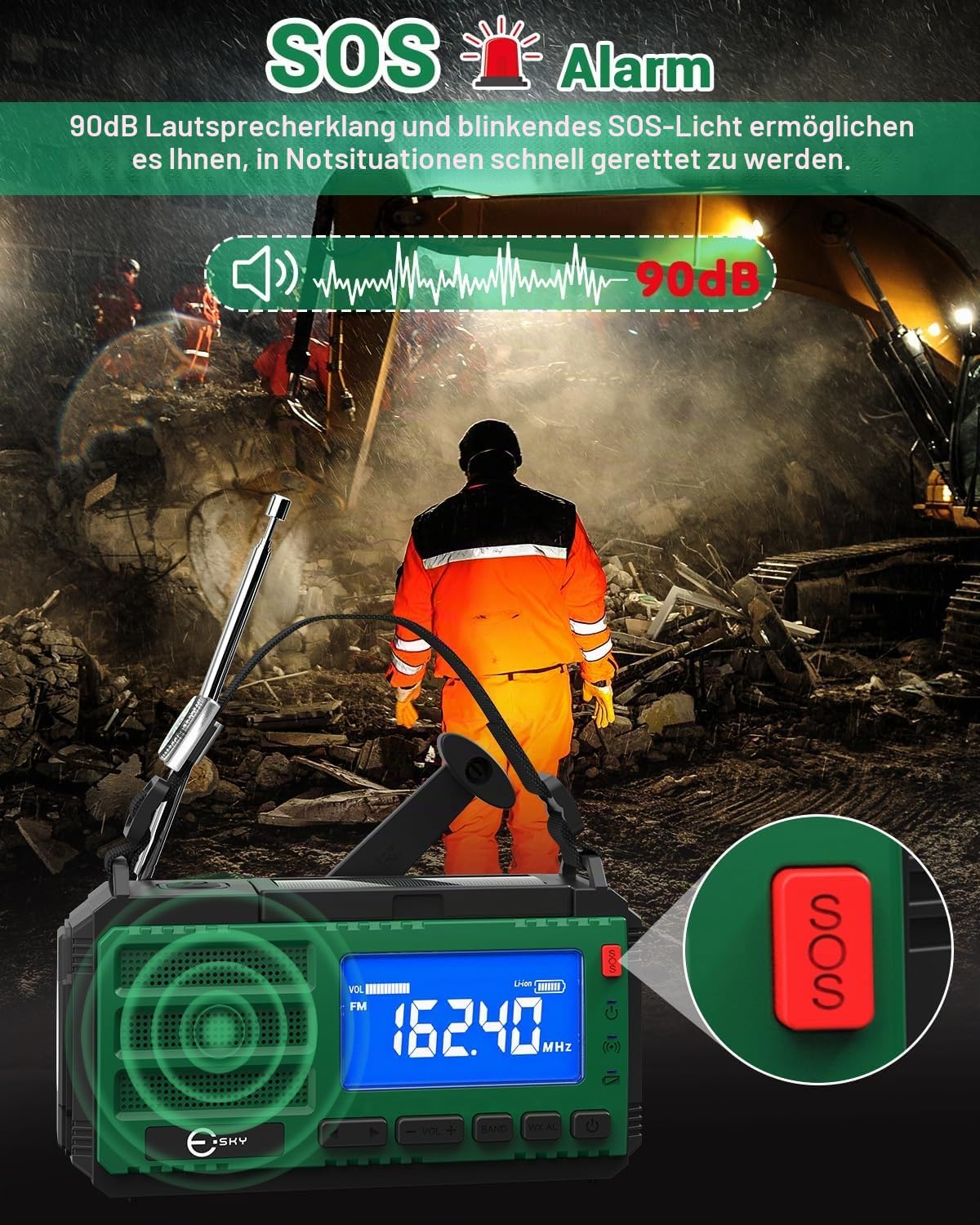 Esky Kurbelradio, 10000 mAh Solar-Notfallradio mit wiederaufladbarem AM/FM-Weltempfänger, USB-Ladegerät, LED-Taschenlampe und Leselicht, SOS-Alarm und Kompass, tragbar für Camping, Notfall, Verdunkelung, Geschenkidee – Bild 5