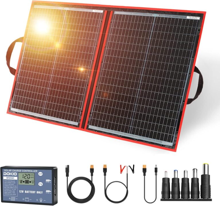 Dokio 100 Watt monokristallines Solarmodul, zusammenklappbar, mit Solarregler, LCD-Display und USB-Ausgang | Mit Solarregler (LCD-Display + 2 USB-Ausgänge) für 12 V-Batterie, AGM, Gel-Batterie, Säurebatterie, Generatoren