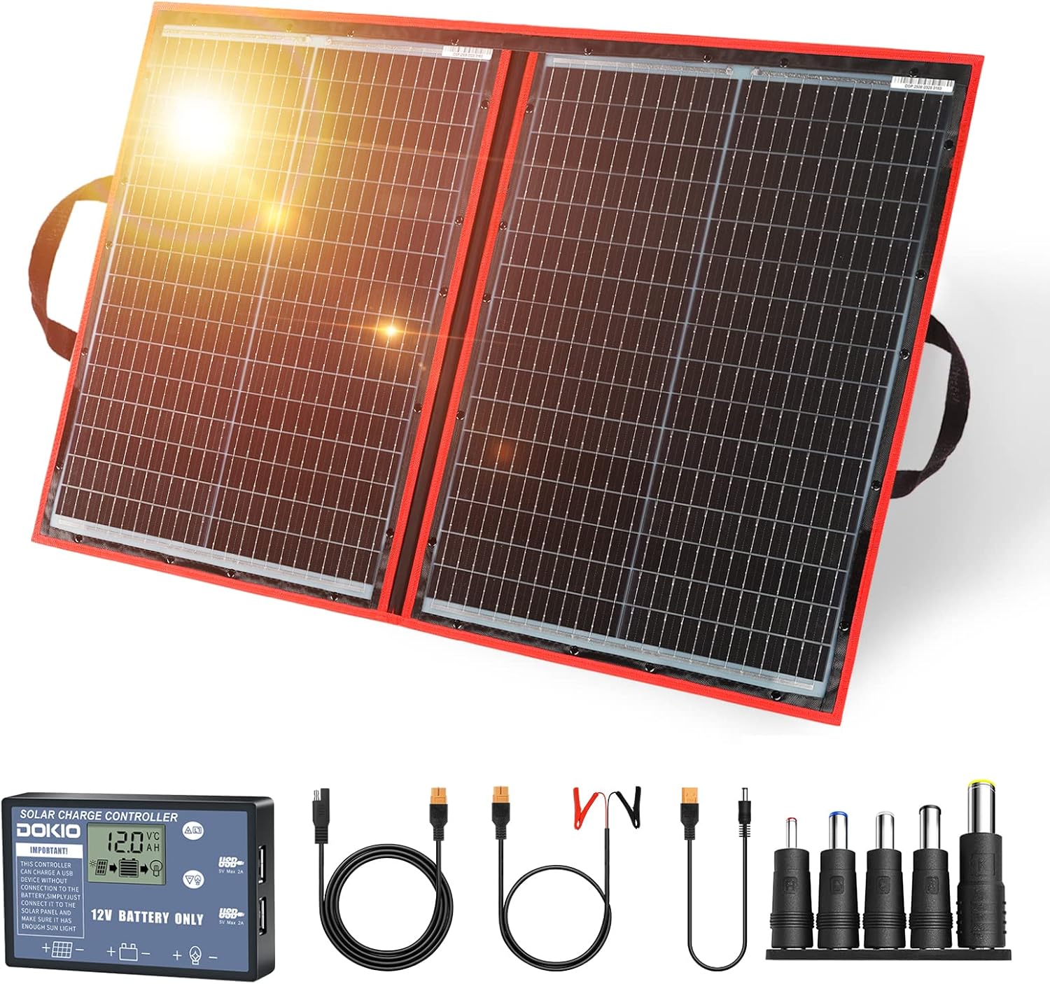 Dokio 100 Watt monokristallines Solarmodul, zusammenklappbar, mit Solarregler, LCD-Display und USB-Ausgang | Mit Solarregler (LCD-Display + 2 USB-Ausgänge) für 12 V-Batterie, AGM, Gel-Batterie, Säurebatterie, Generatoren