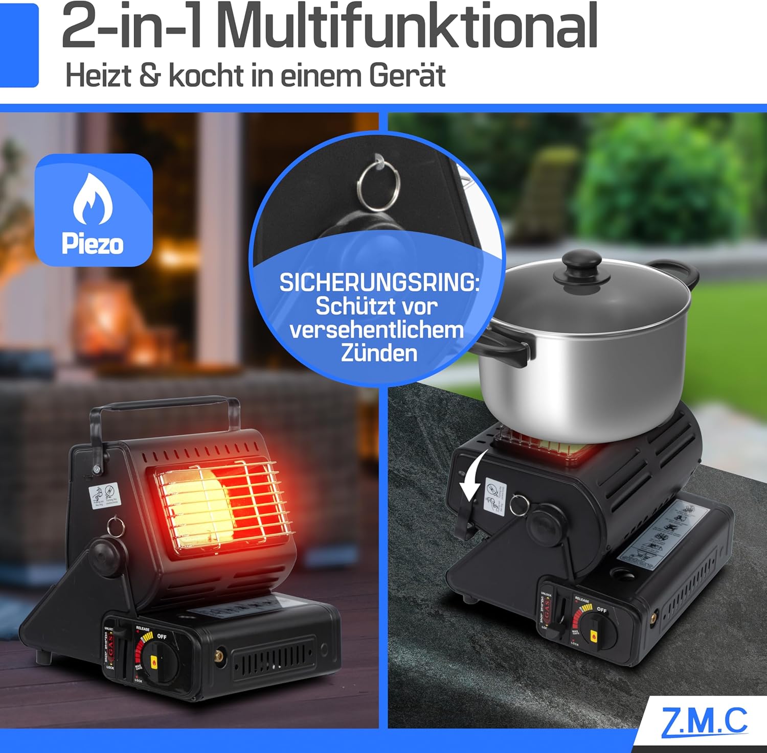 ZMC 2-in-1 tragbarer Keramik-Gasheizer und Gaskocher 1,3 kW mit LPG-Anschluss + 8 Gaskartuschen, Campingkocher mit Piezo-Zündung, Camping-Heizung, Gasheizung für drinnen, draußen, Camping, Wohnwagen – Bild 4