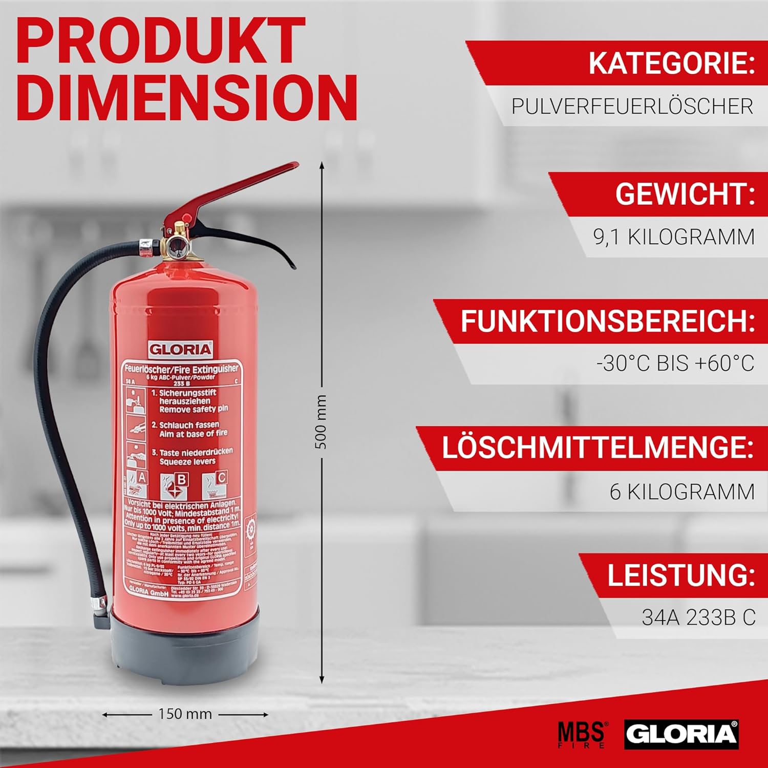 Gloria Pulverlöscher PD 6 GA – 6 kg Dauerdrucklöscher – Brandklasse A, B, C – inklusive Wandhalterung – Bild 3