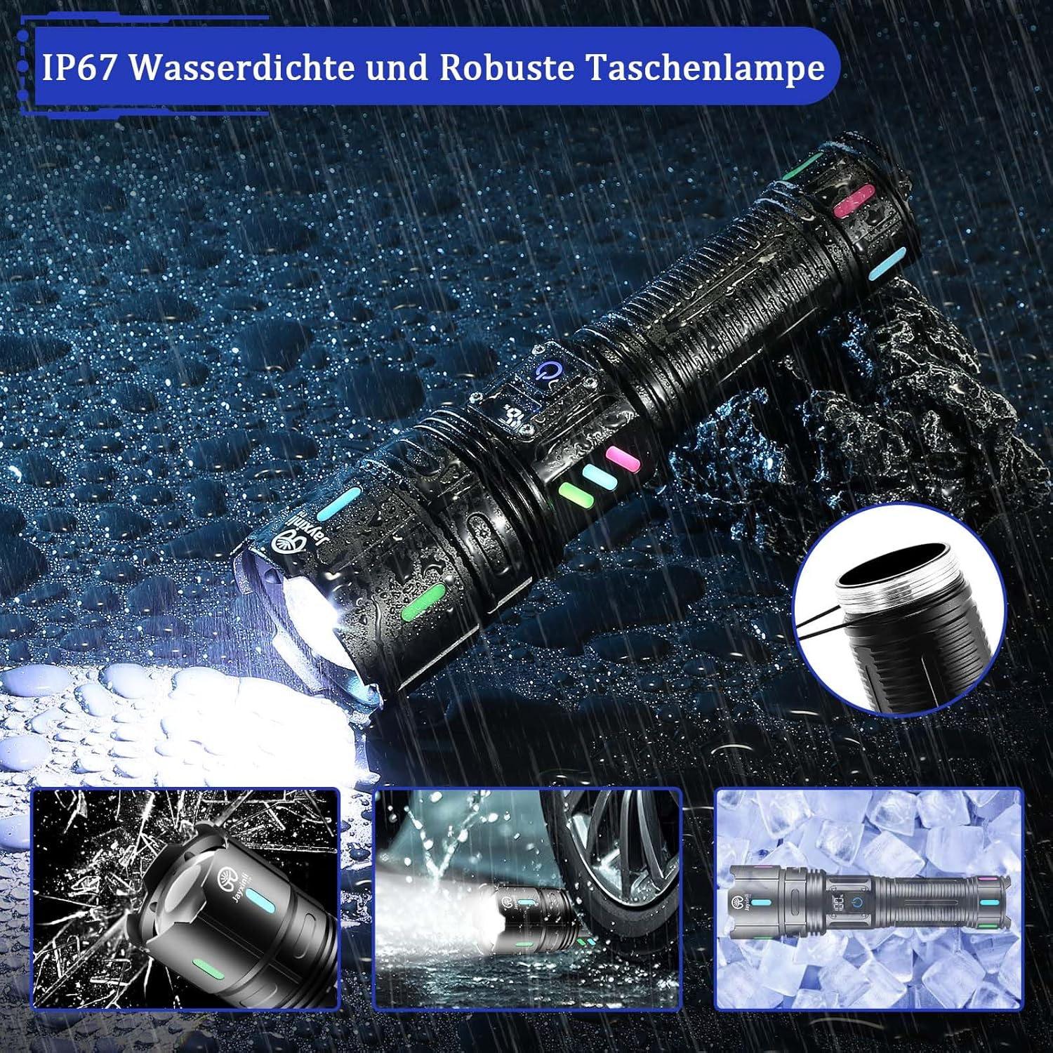 Jayxinli Taschenlampe LED wiederaufladbar 1000000 Lumen extrem hell | 5000 mAh LCD-Akkuanzeige, 5 Beleuchtungsmodi, zoombar, IP67 wasserdicht für Camping und Outdoor – Bild 5