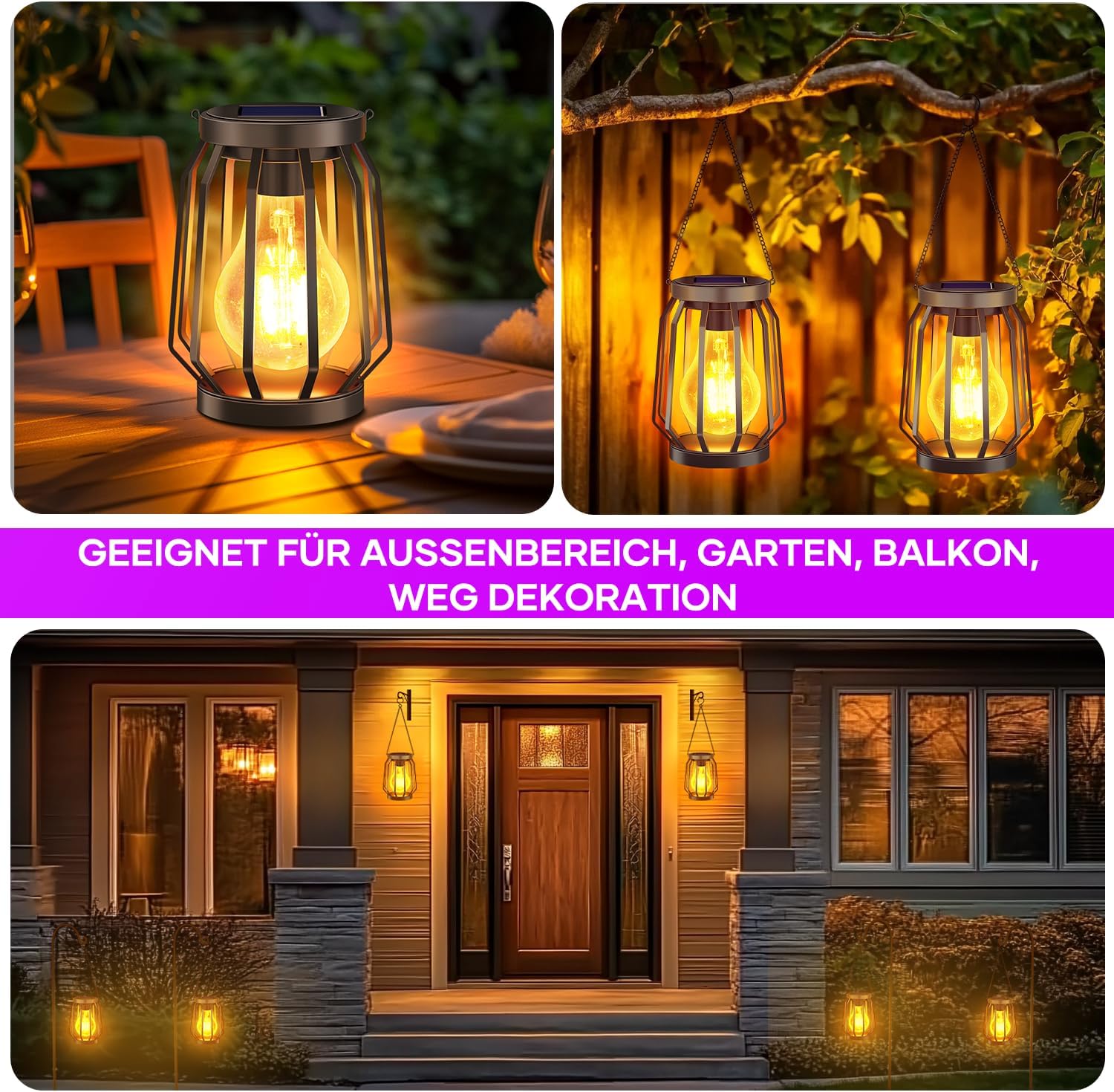 Solarleuchten zum Aufhängen im Freien, 2 Stück, Garten-Deko-Solarlaterne mit großer LED-Glühbirne, IP65 wasserdichte Solarleuchten, warmweiße Beleuchtung für draußen, Hof, Balkon, Terrasse, schwarzes Metall – Bild 6