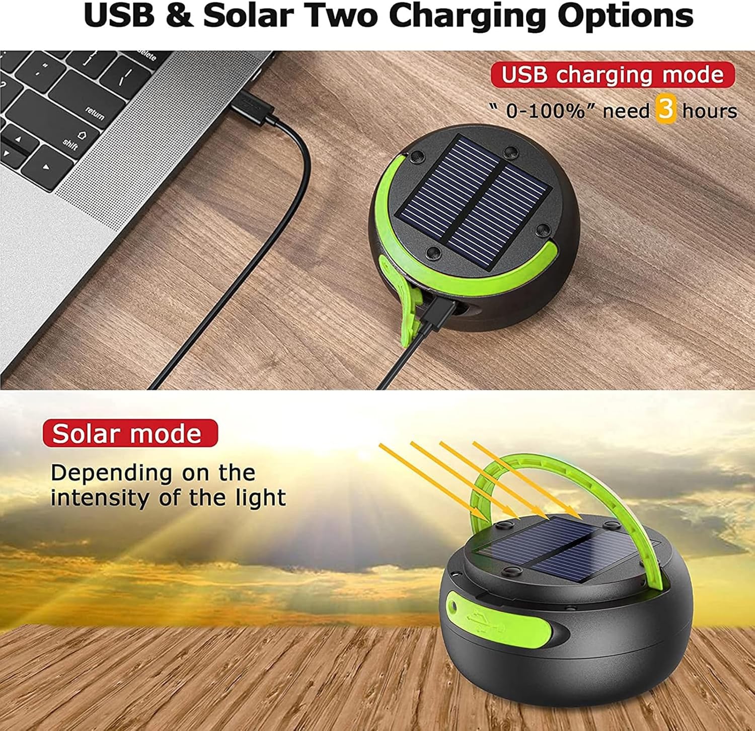 GlobaLink LED-Campinglampe, faltbare Solar-Campinglaterne, Energiebank mit 2 Lademethoden (Solar/USB) und 3 Lichtmodi für Camping, Angeln, Notfall, inklusive Survival-Armband mit Pfeife (grün) – Bild 3
