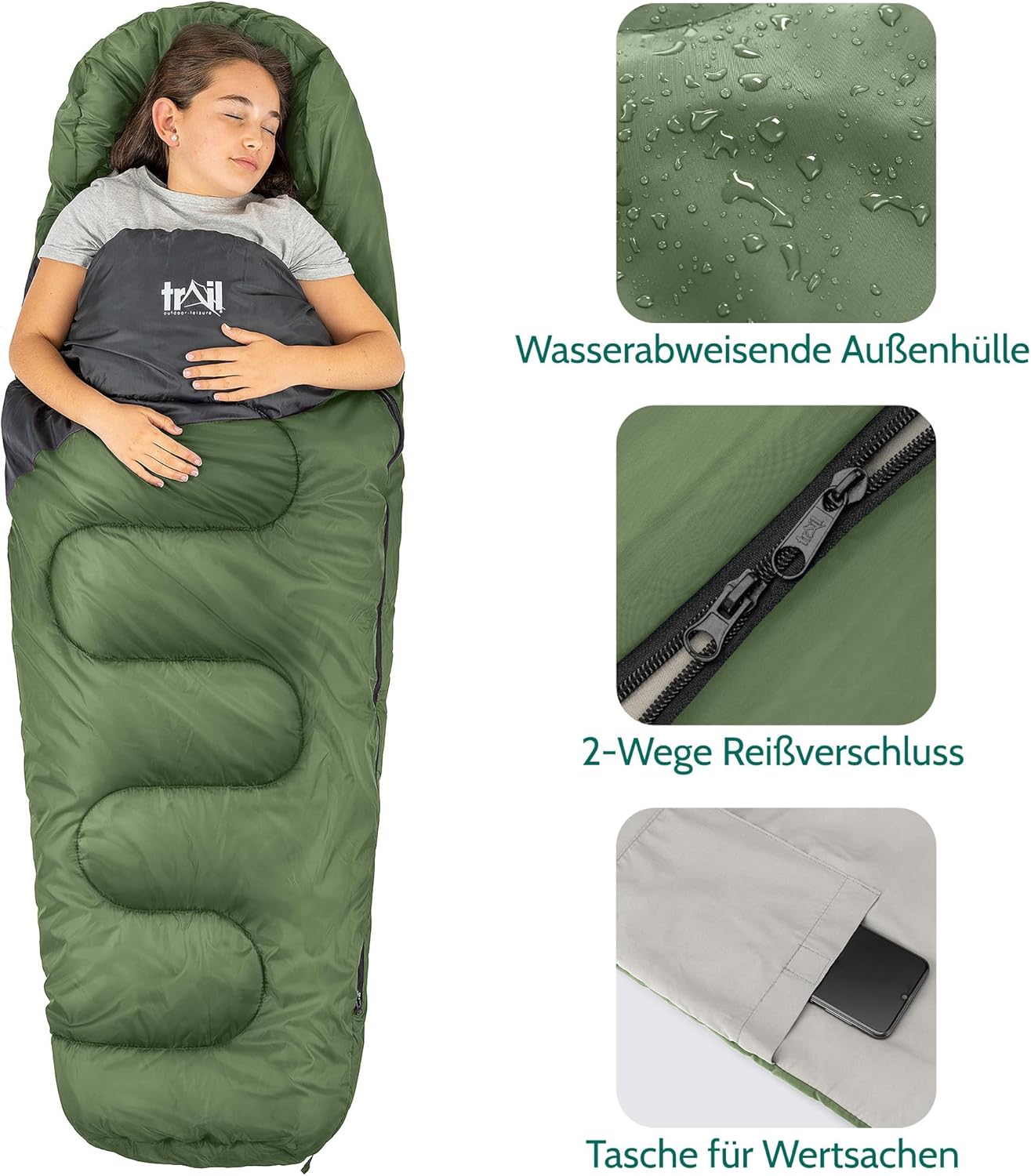 Trail Kinder-Mumienschlafsack 3 Jahreszeiten für Camping – 300 g/m² – für Jungen und Mädchen – mit leichtem Transportrucksack – Bild 5