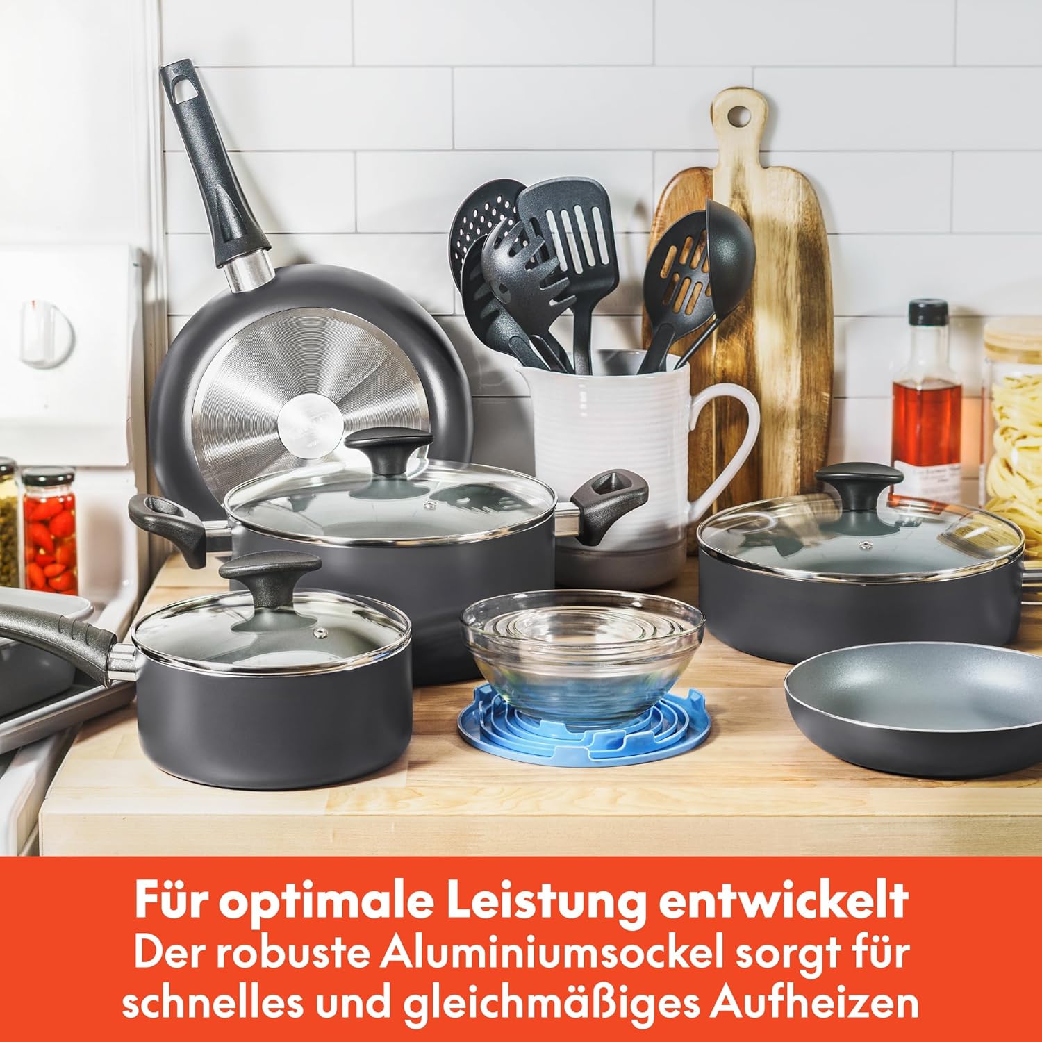 bella Antihaft-Kochgeschirr-Set mit Glasdeckel – Backzubehör, Töpfe und Pfannen, Aufbewahrungsschüsseln und Utensilien aus Aluminium, für alle Herdarten geeignet, 21-teilig, Schwarz – Bild 5
