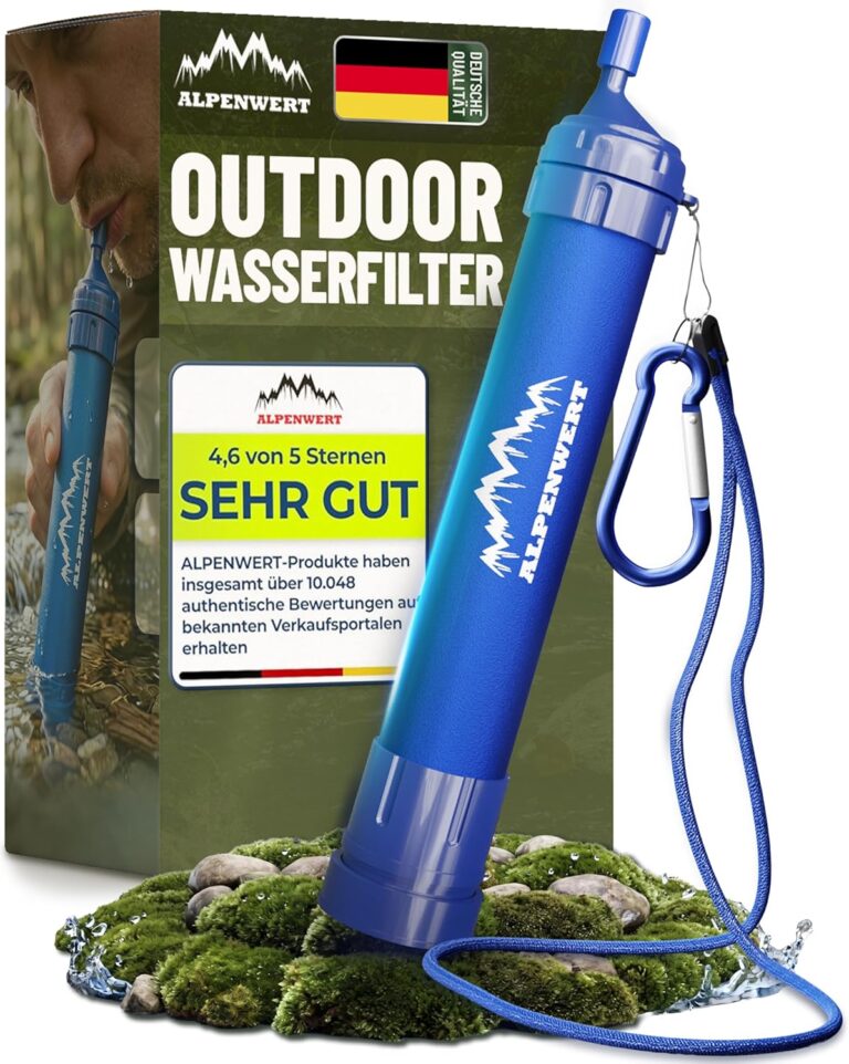 ALPENWERT Outdoor Wasserfilter – Trinkwasserfilter für 4000 Liter gefiltertes Wasser – Trinkwasseraufbereitung tötet 99,99 % aller Keime und Bakterien ab