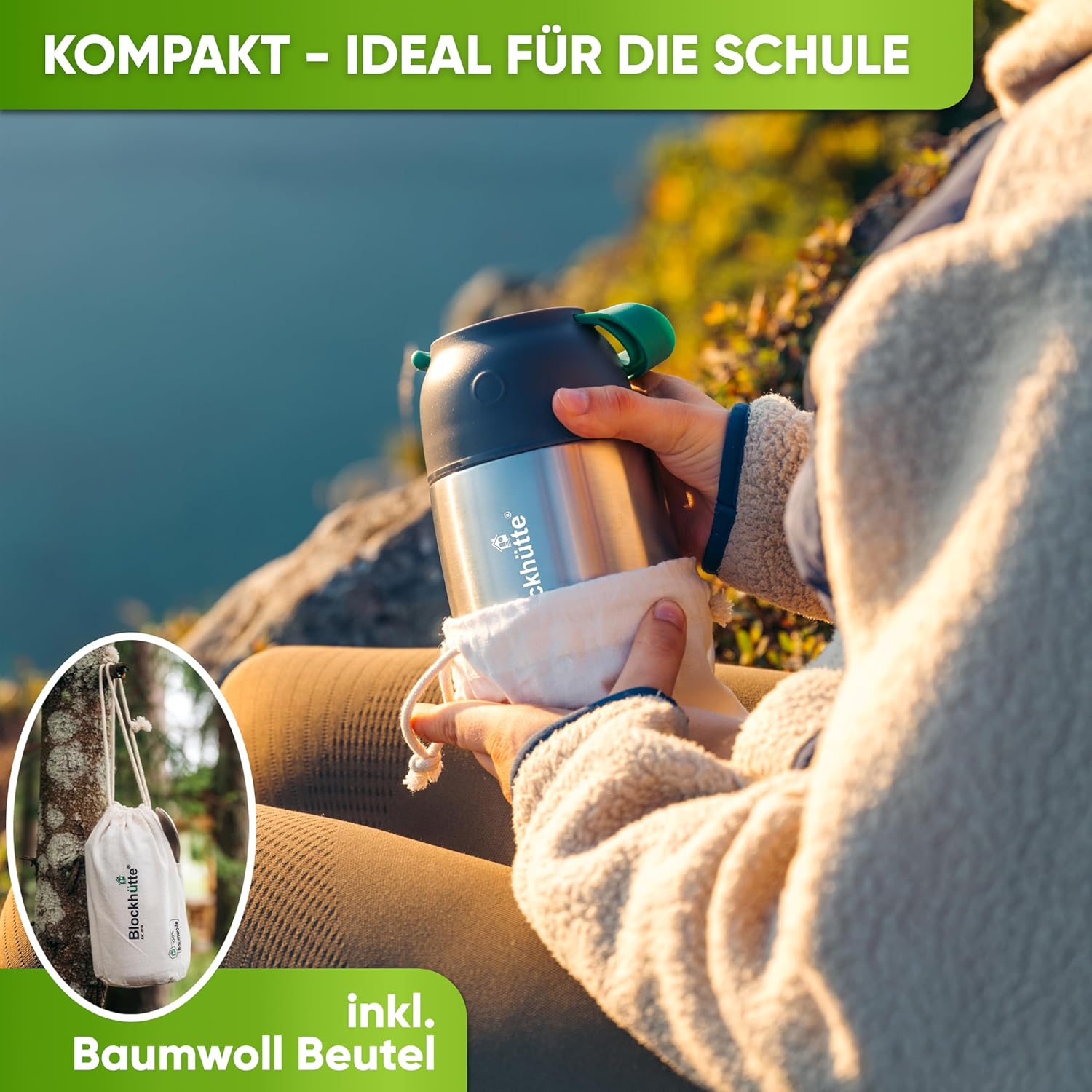 Blockhütte Isolierter Thermobehälter aus Edelstahl, 530 ml - 730 ml, mit Bürste & Göffel, Thermo-Lunchbox für Erwachsene & Kinder, Thermobecher, Babybrei & Müsli – Bild 7