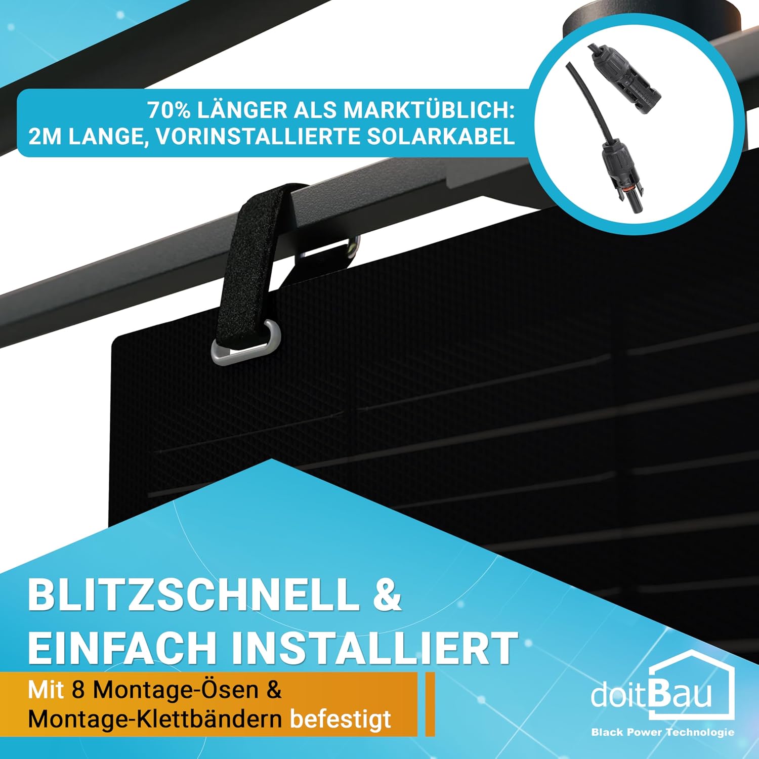 doitBau Flexibles Solarpanel 200 W, komplett schwarz mit Backbox – ultradünn 2 mm, 1,9 kg – 1352 x 770 mm für Wohnmobil, Boot, Balkon und Dach – Bild 5