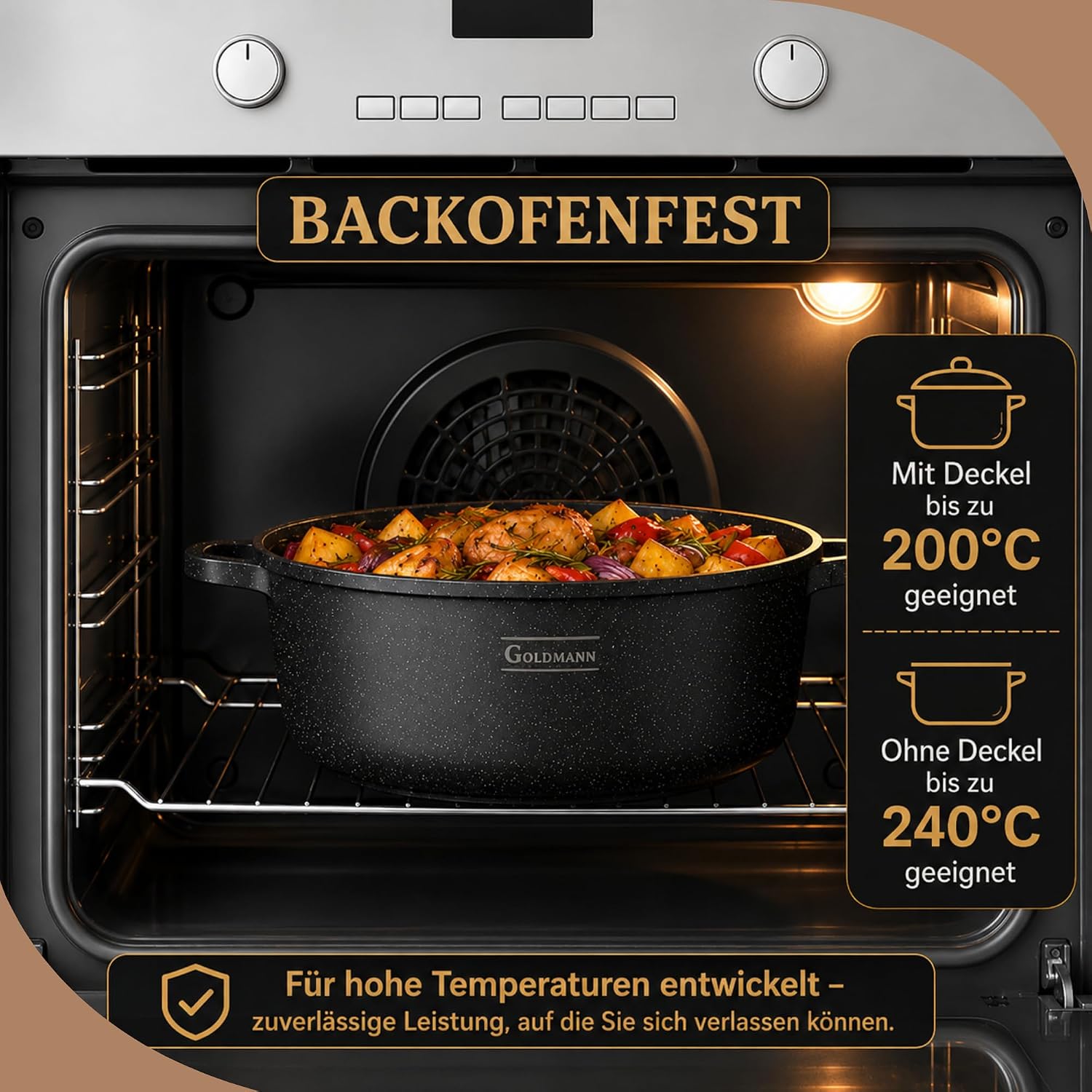 GOLDMANN Stielkasserolle aus Aluminiumguss, 24 cm – 4,5 l, antihaftbeschichteter Glasdeckel aus Keramik in Marmoroptik, Induktion, für alle Herdarten geeignet, ofenfest und PFOA-frei – Bild 8
