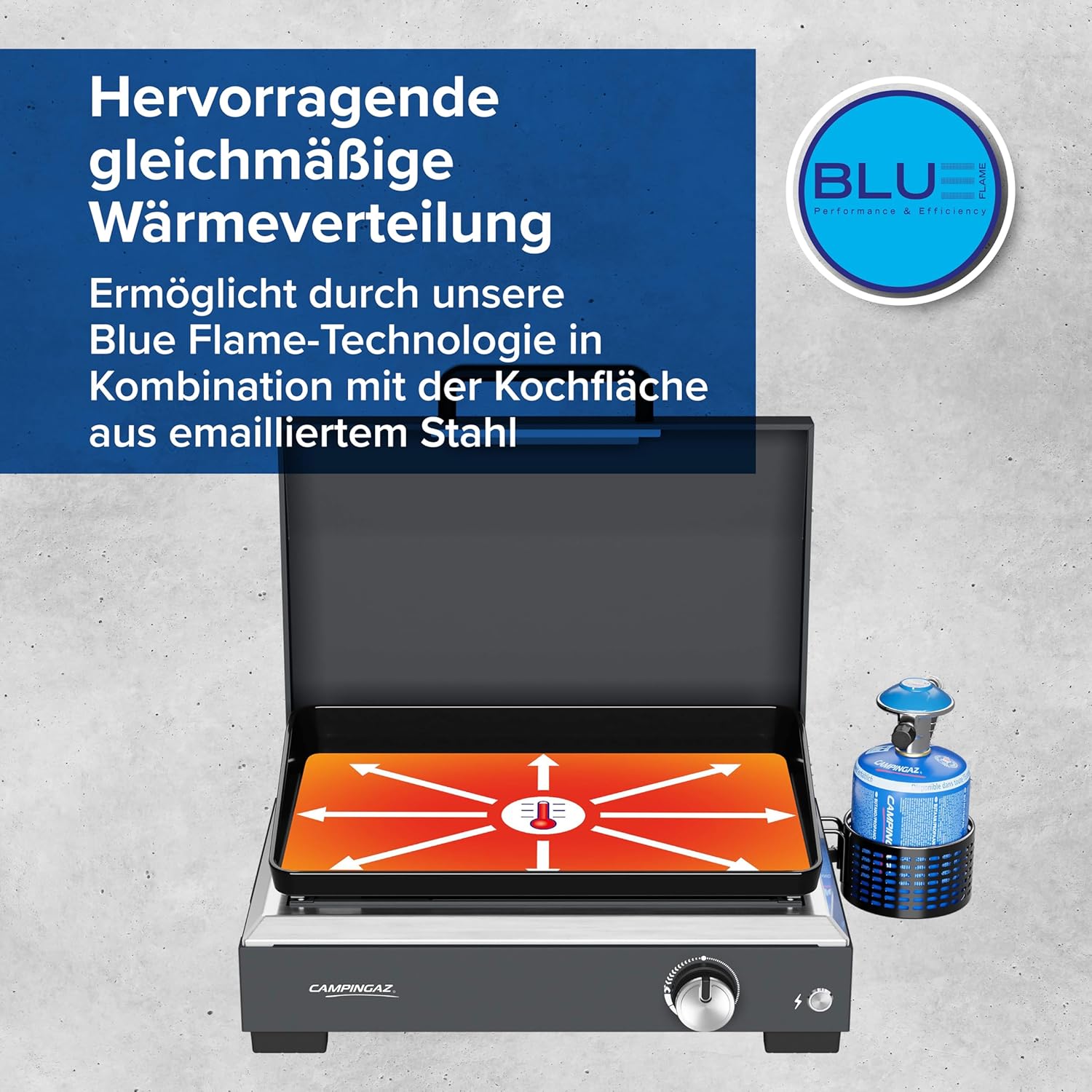 Campingaz Sigma 1 CV Gas-Plancha-Grillplatte mit Deckel | 2,8 kW Heizplatte | Tragbarer Tischgrill | Emaillierte Stahloberfläche | Brenner mit BlueFlame-Technologie für mediterranes Grillen – Bild 4