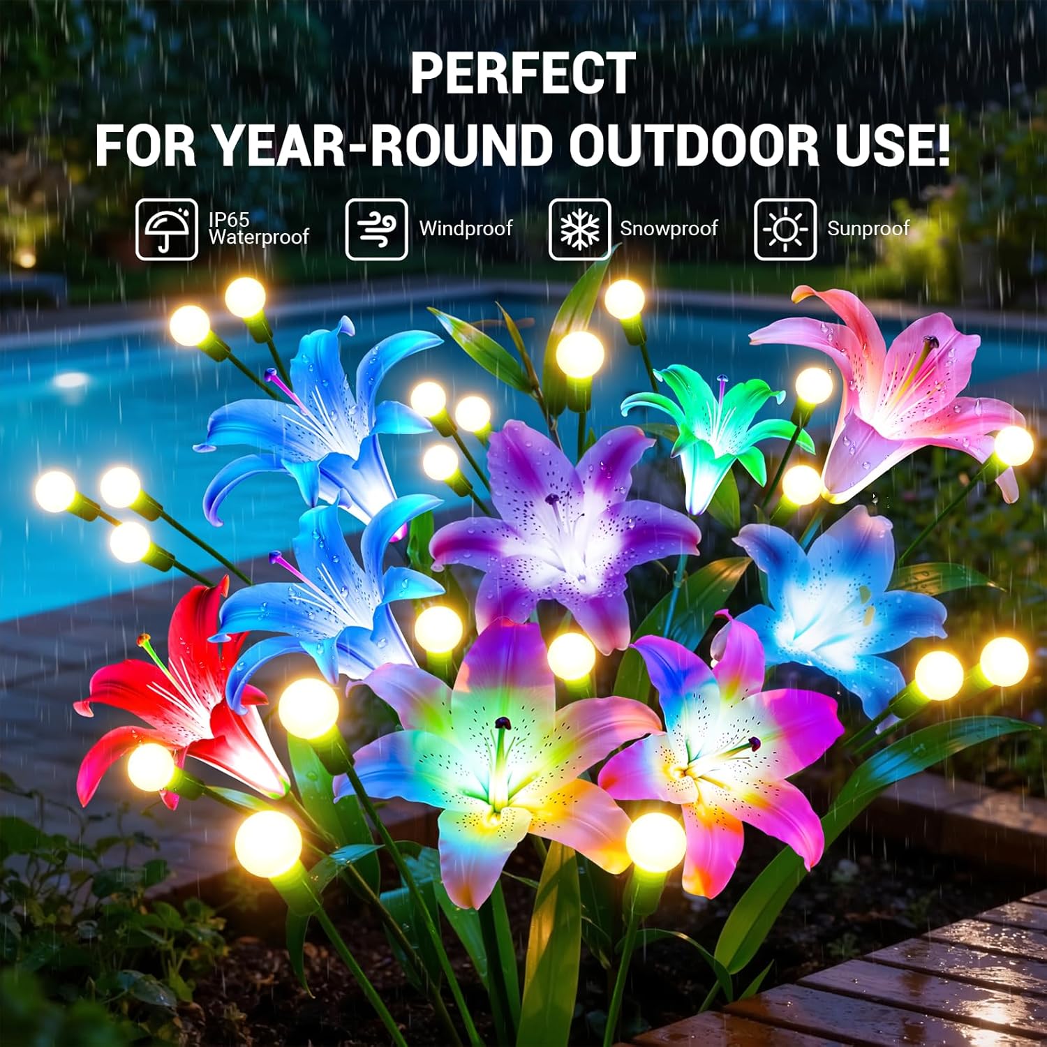 BUCASA Firefly-Solarleuchten für den Garten im Freien, 4 Stück, 36 LEDs, helle Solarleuchten für den Außenbereich mit warmweißen Glühwürmchen und farbigen Lilienblüten, verbesserte schwingende Solar-Gartenleuchten für Wege, Hof, Balkon – Bild 2