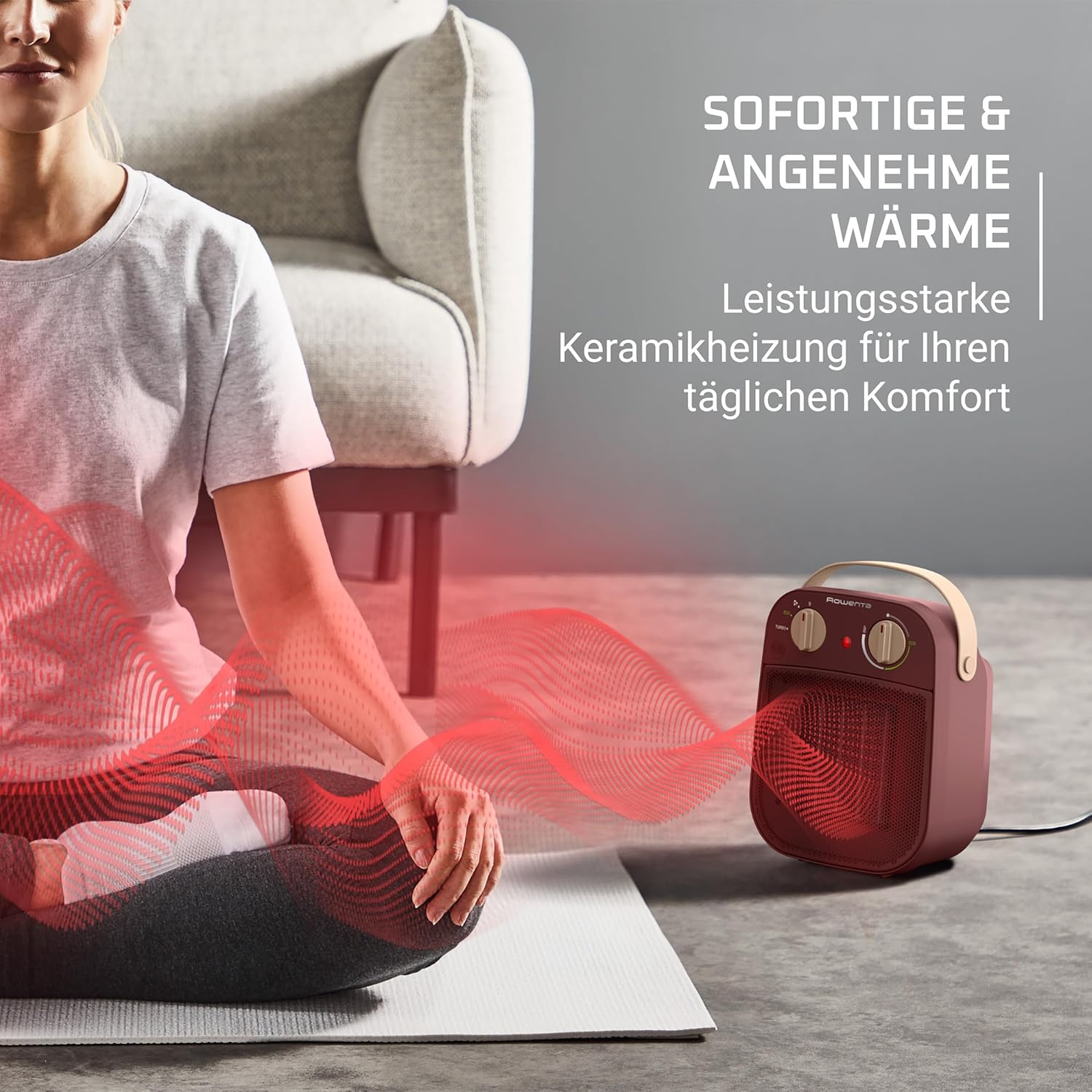 Rowenta Heizlüfter mit Tragegriff, mobil für 25 m², leise 42 dB, Keramik heizt sofort, Eco-Modus spart 50 % Strom, Turbo-Schnellaufwärmung, tragbar für Badezimmer, Büro, Schlafzimmer, Camping, kompakte Heizung, rot – Bild 6