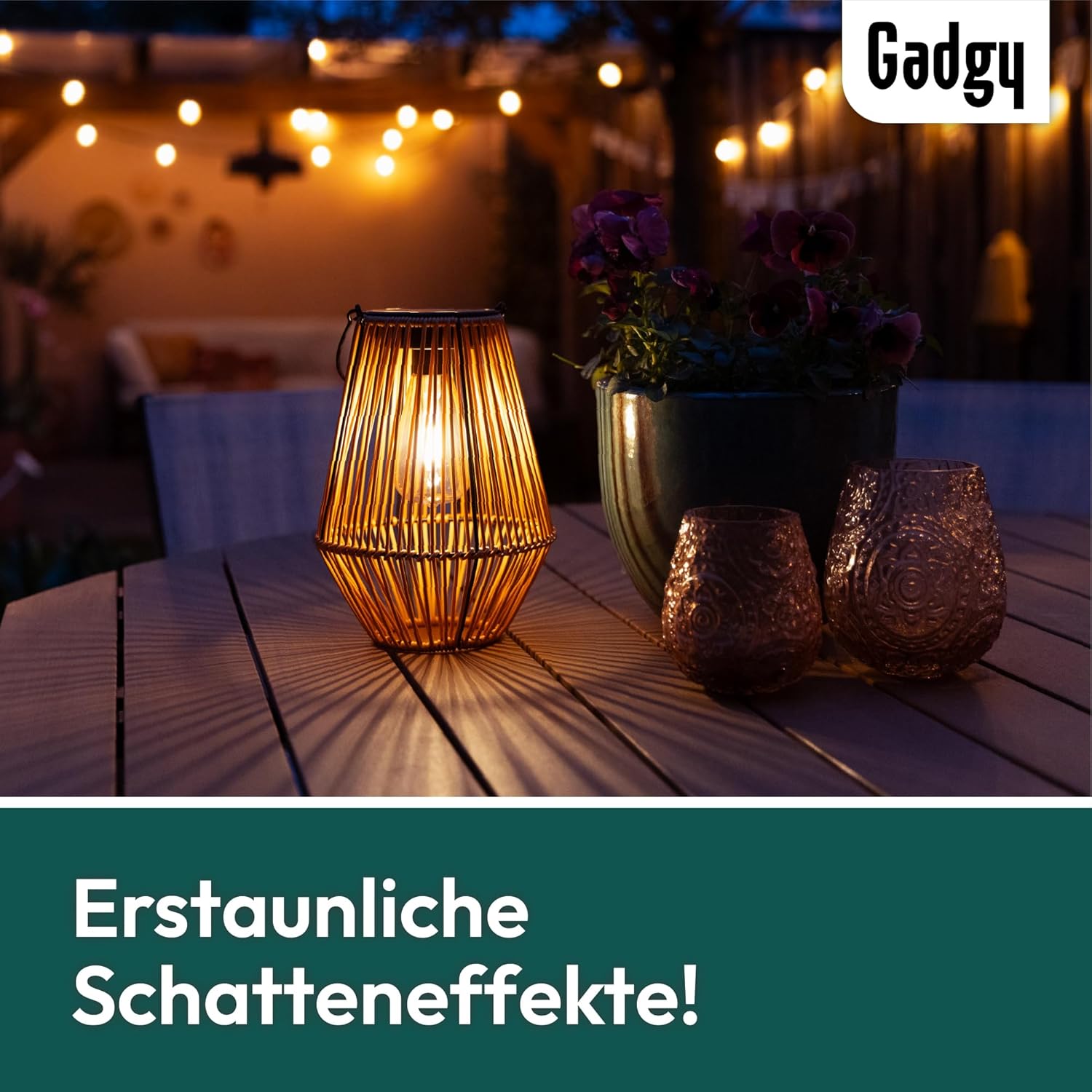 Gadgy Solarlampe für den Garten im Freien – Wetterfeste Solarlaterne in Rattanoptik mit warmweißem LED-Licht – dekorative Solarleuchte für Garten, Balkon & Terrasse – Bild 5