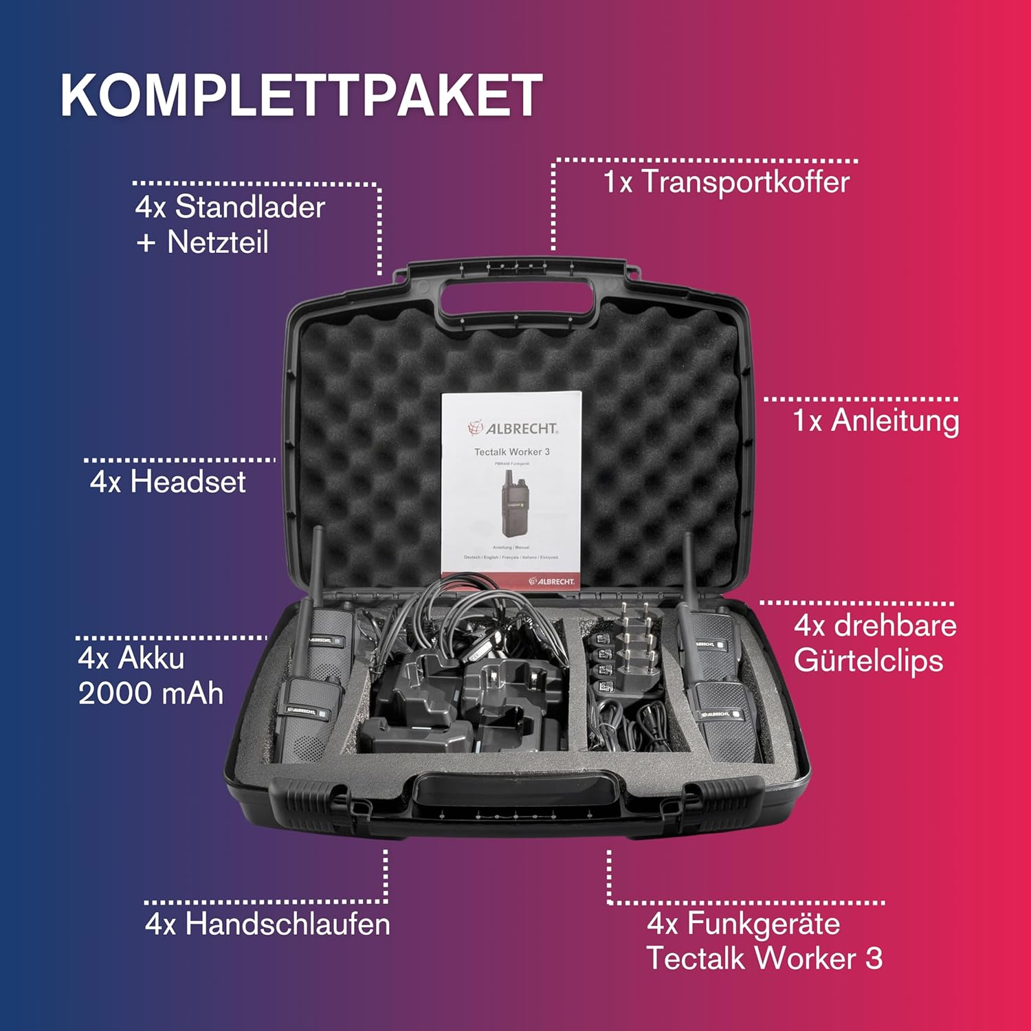Albrecht Tectalk Worker 3 Kofferset, 4 Walkie Talkies & Zubehör, PMR446 Funkgeräte mit VOX, Robust für Baustelle, Sicherheit, Betrieb & Outdoor – Bild 7