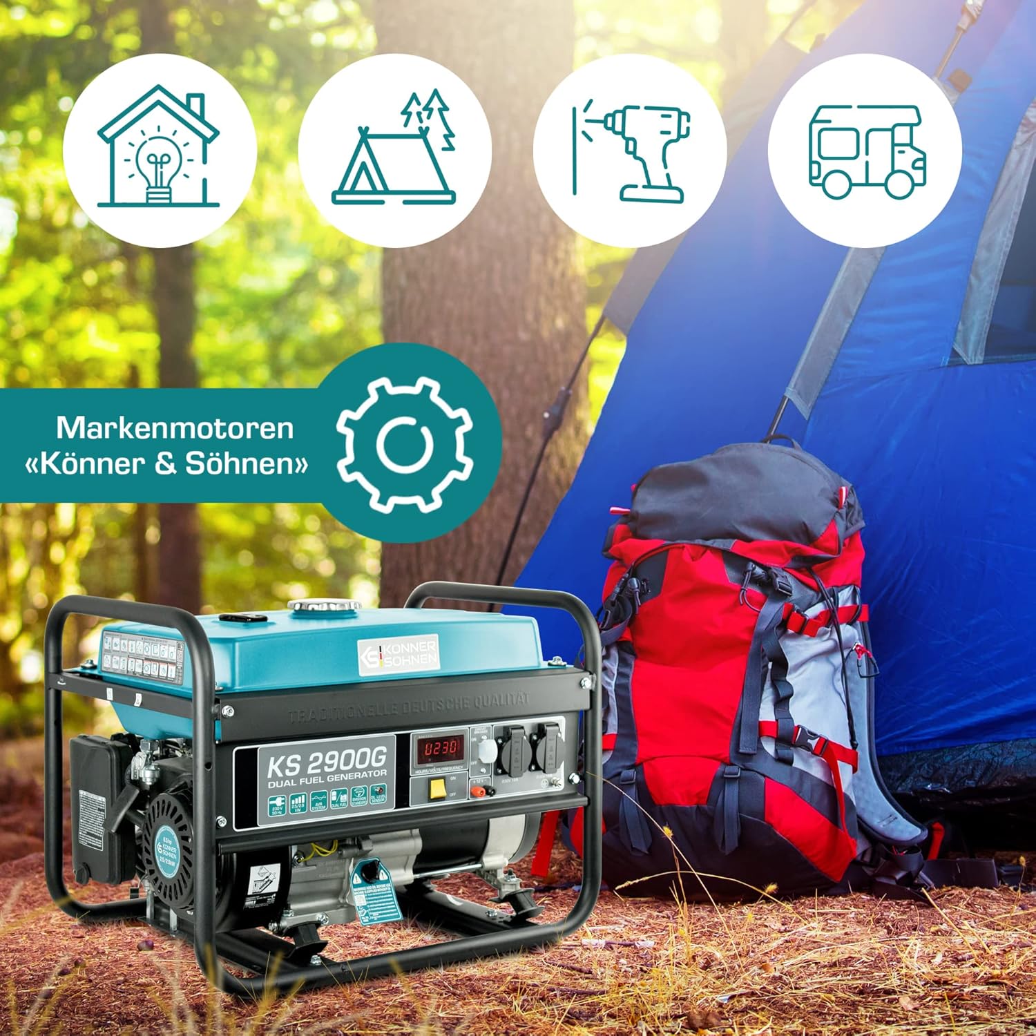 LPG/Benzin-Stromerzeuger KS 2900G Dual Fuel Serie, Notstromgenerator Gas 2900 W, 2x16A (230 V), 12 V, Stromgenerator mit (AVR), Stromgenerator mit Ölstandsanzeige, Überlast- und Kurzschlussschutz. – Bild 3