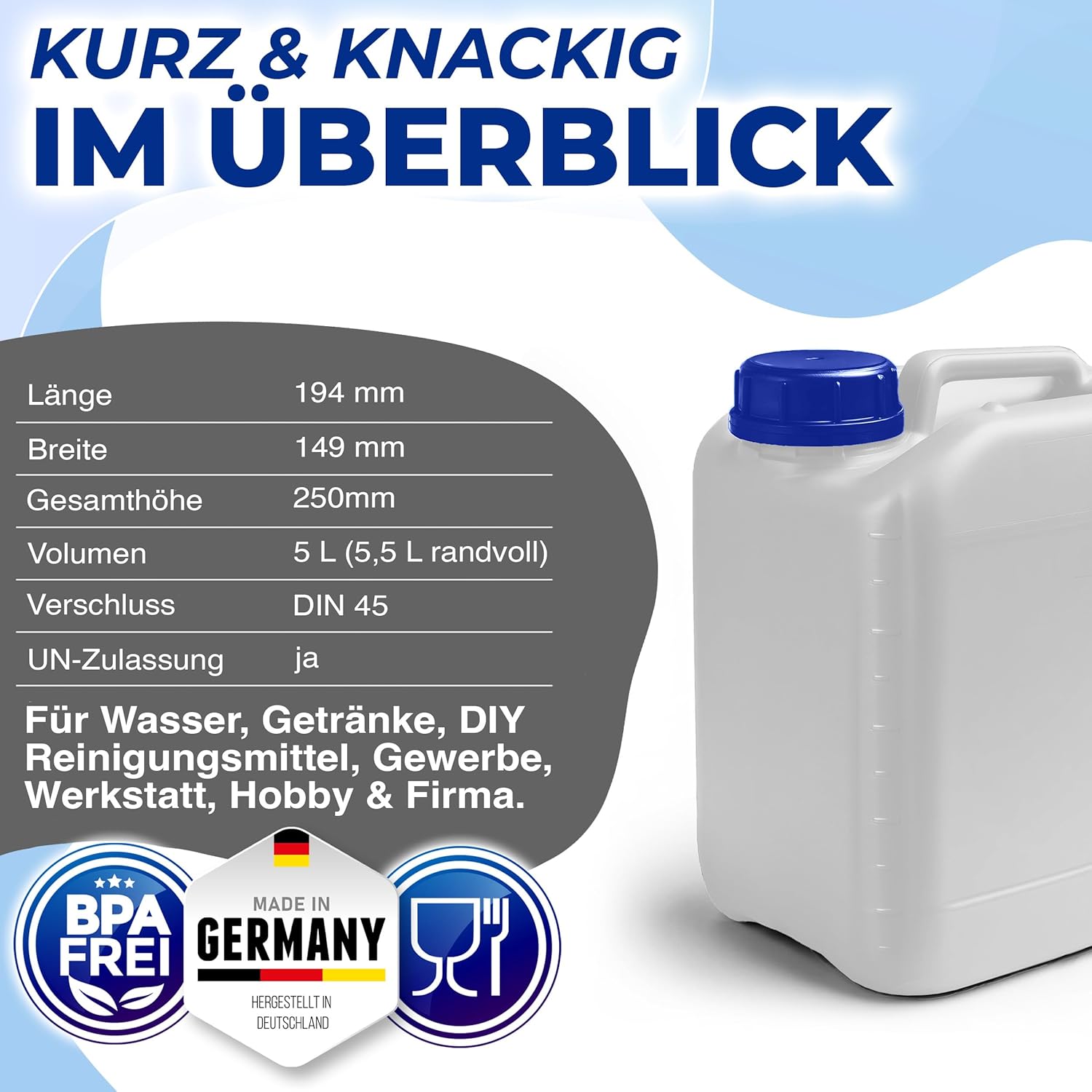 Kosmetex 5 L Kanister, BPA-frei & lebensmittelecht, Wasserkanister 5 Liter für Camping, Garten, Gewerbe und Haushalt, robust, Made in Germany | Kosmetex Wasserkanister 5 Liter für Camping, Garten, Gewerbe & Haushalt, robust, geschmacksneutral für Wasser & Getränke – Bild 5