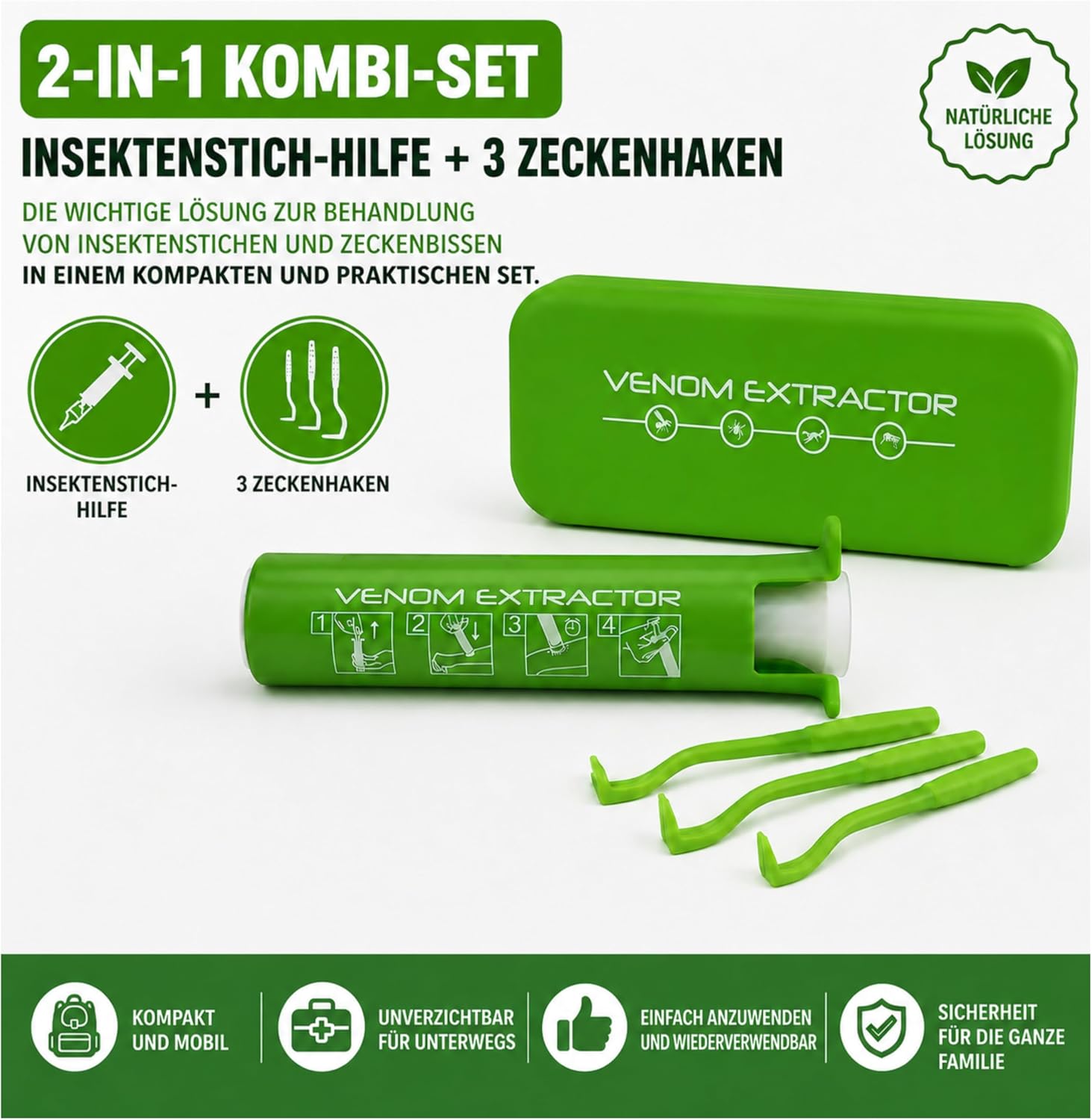 2 in 1 Kombi-Set: Giftsauger + 3 Zeckenhaken – Das Komplettpaket zur Behandlung von Insektenstichen und Zeckenstichheiler – Bild 4