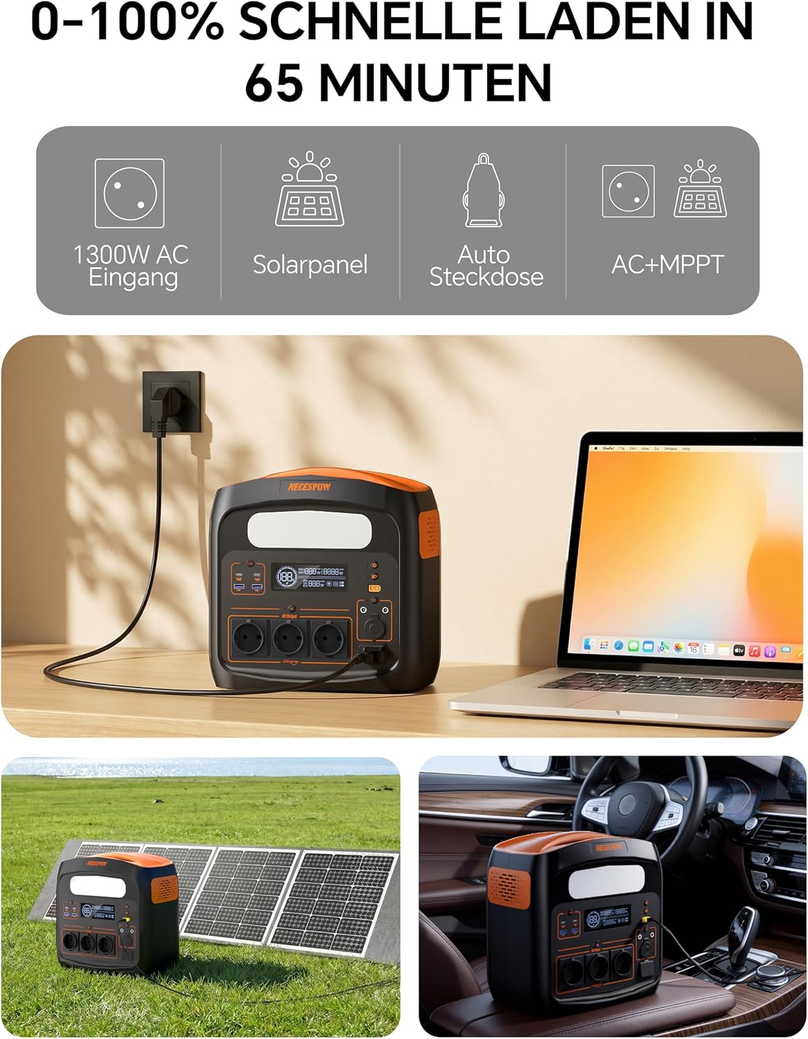 Tragbares Kraftwerk 1800 W (Spitze 3600 W)/1102,5 Wh, LiMnFePO4-Akku, 0–100 % aufgeladen in 65 Minuten, USB-C 100 W, Gleichstromausgang, 230 V AC-Steckdosen, Mppt 400 W Solarladung, Solargenerator für Camping – Bild 4