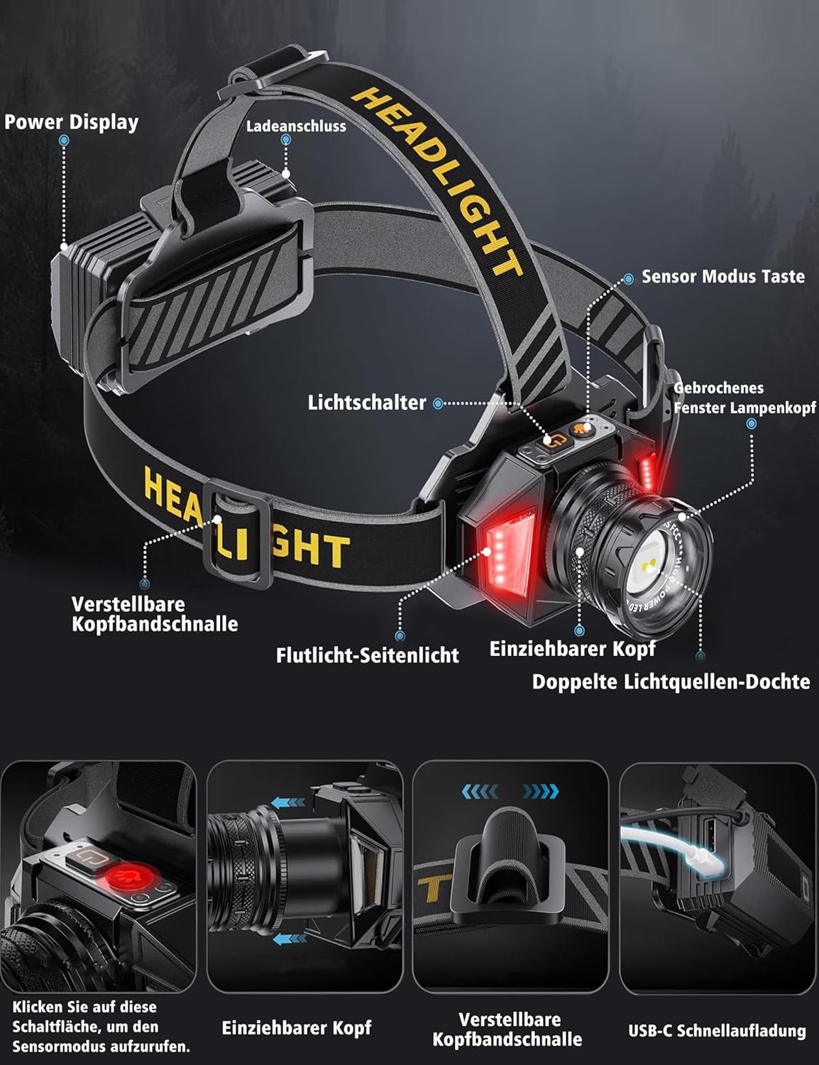 KZK Stirnlampe LED wiederaufladbar, superhell, 250.000 Lumen, zoombar, 3 Lichtquellen (weiße/gelbe/rote Lichtquelle), Stirnlampe mit 12 Modi, IP67 wasserdicht, 90° verstellbarer Sensor-Stirnlampe für Camping – Bild 5