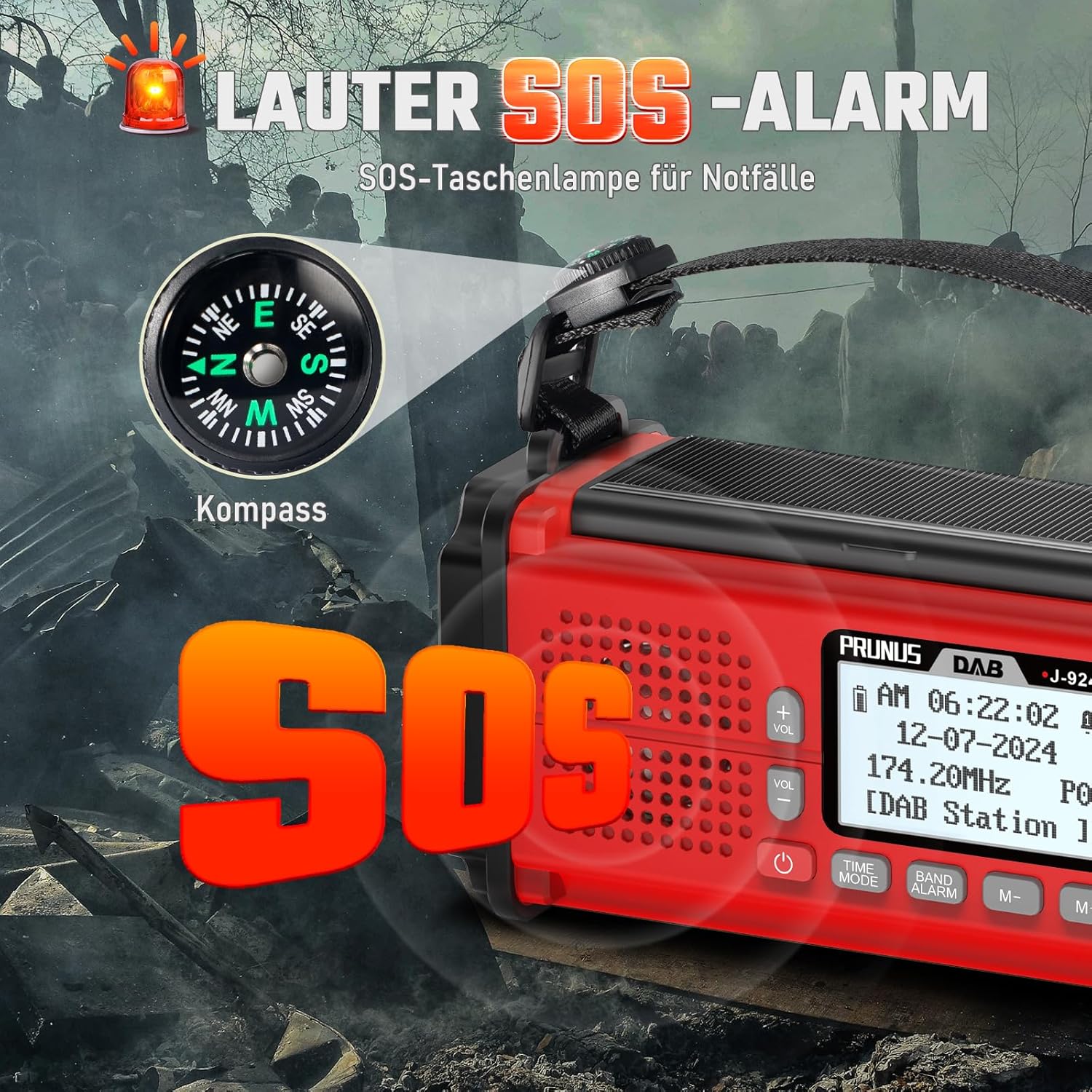PRUNUS J-924D Digitalradio DAB+/FM, Kurbelradio Notfall mit 10000 mAh Akku, DAB-Radio mit Bluetooth, Notfallradio mit Taschenlampe/SOS-Alarm/Handy-Ladefunktion für Outdoor/Notfall (Rot) – Bild 7