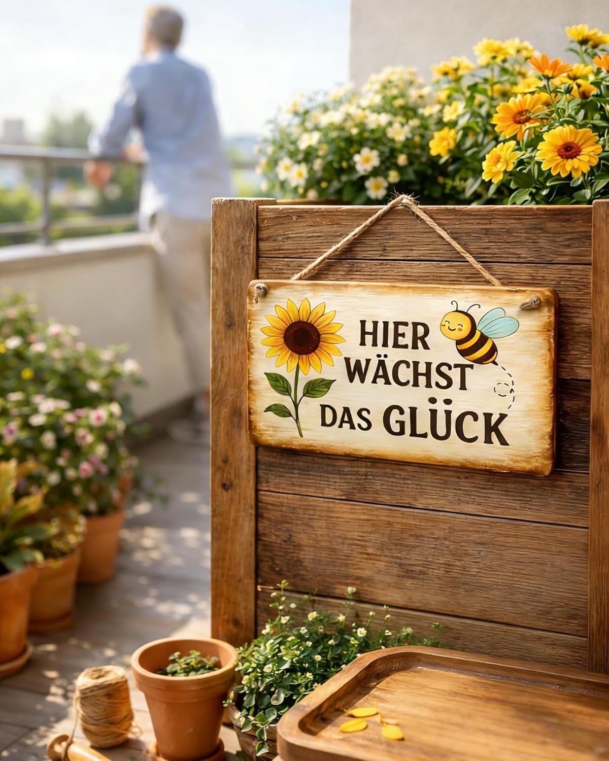 Holzschild Gartenschild mit Spruch „Hier wächst das Glück“ – wetterfestes Dekoschild zum Aufhängen im Freien – moderne Gartendeko & Balkondeko Sommer, Geschenk für Gartenliebhaber – Bild 6