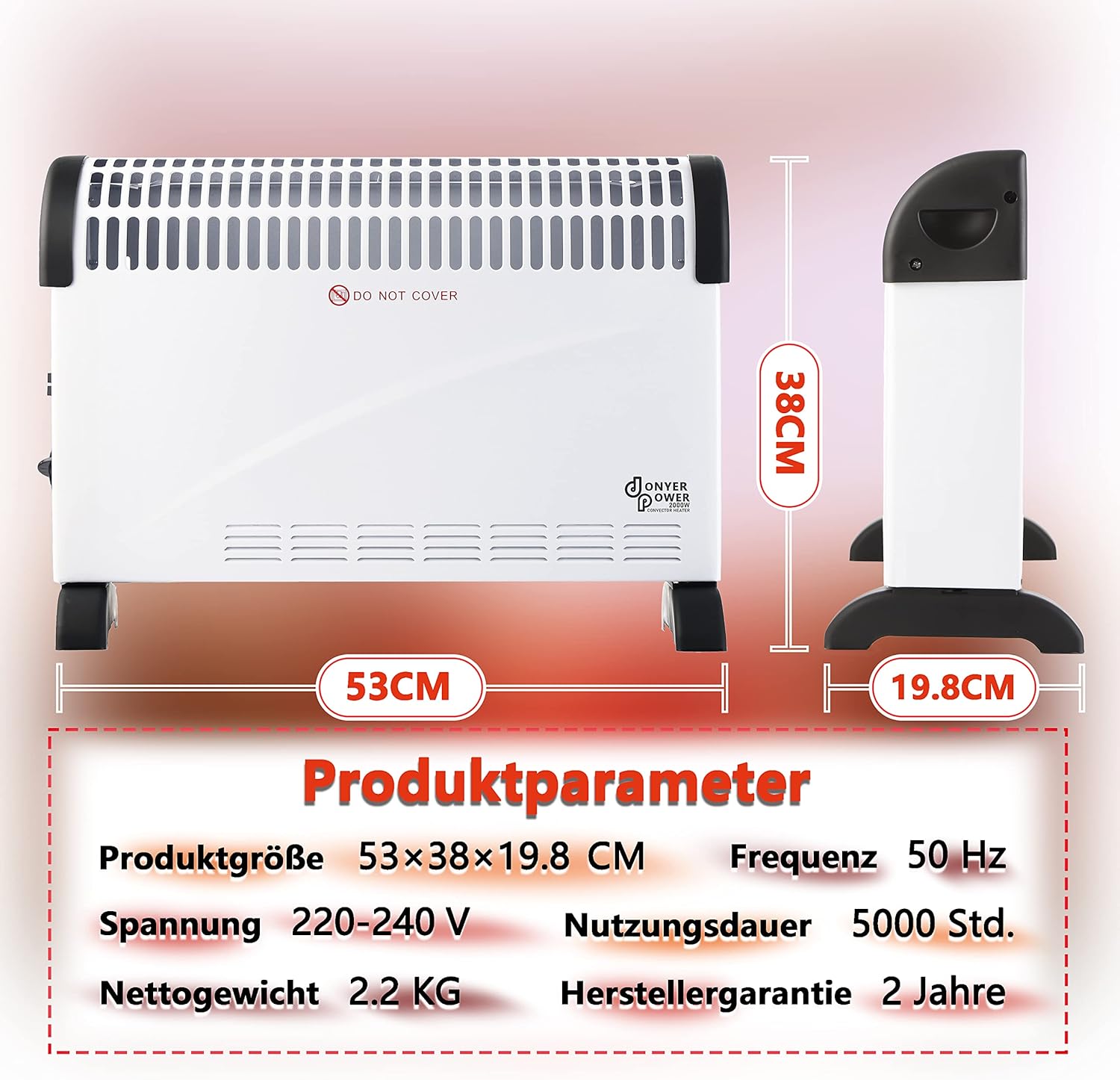 Donyer Power 2KW Konvektor mit Thermostat – leise – Wandmontage | 3 Heizstufen (750 W/1250 W/2000 W) – Leiser Betrieb – Stand- und Wandmontage – sofort einsatzbereit – Bild 6