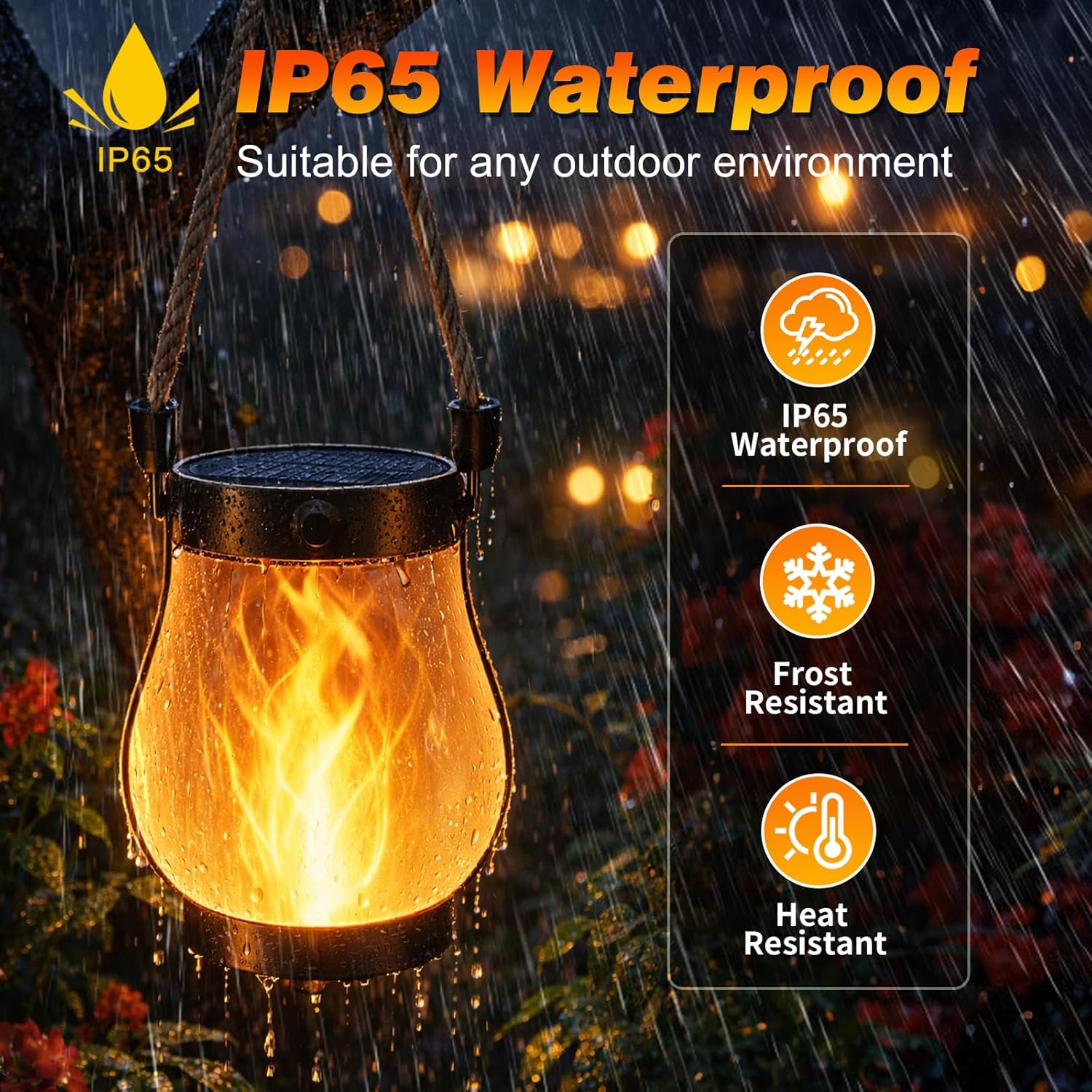 2 Stück Flammen-Solarlaterne, hängende Außenleuchten, Solarlaterne mit flackernder Flamme, IP65 wasserdicht, Solarlaterne zum Aufhängen, aus Hanfseil, für Außenbereich, Garten, Balkon, Terrasse – Bild 3