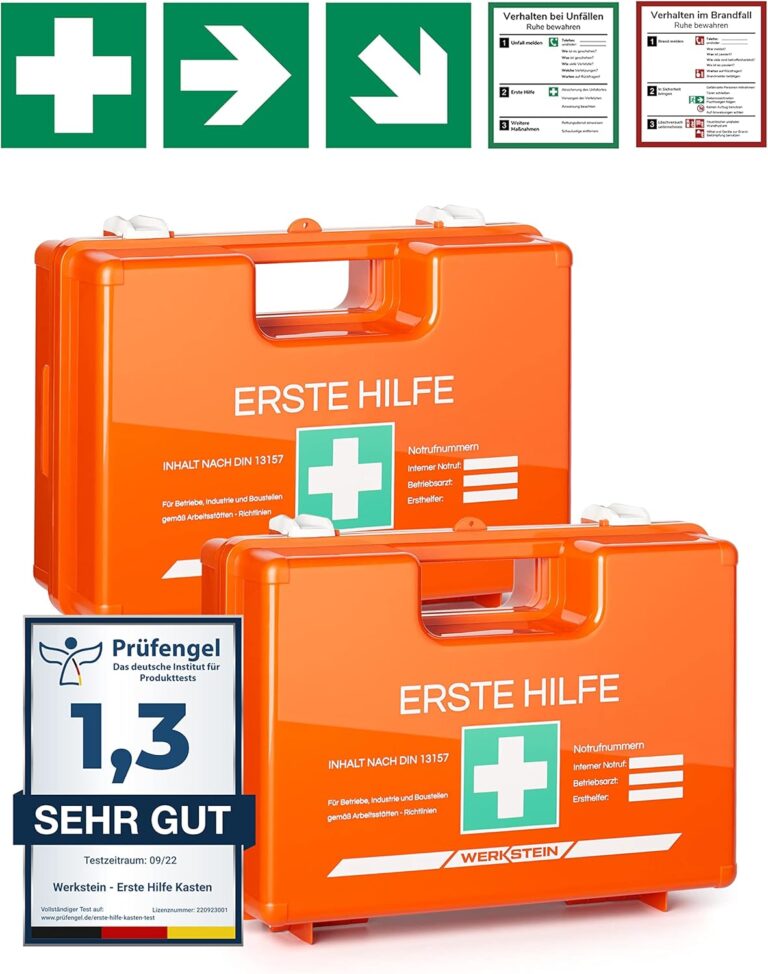 2 x Erste-Hilfe-Koffer mit Inhalt nach DIN 13157:2021, inkl. praktischer Wandhalterung, 5 x Aufkleber und Siegel, Erste-Hilfe-Koffer für Gewerbe, Einrichtung und Zuhause | Erste-Hilfe-Set inklusive praktischer Wandhalterung, 5 x Aufkleber und Siegel