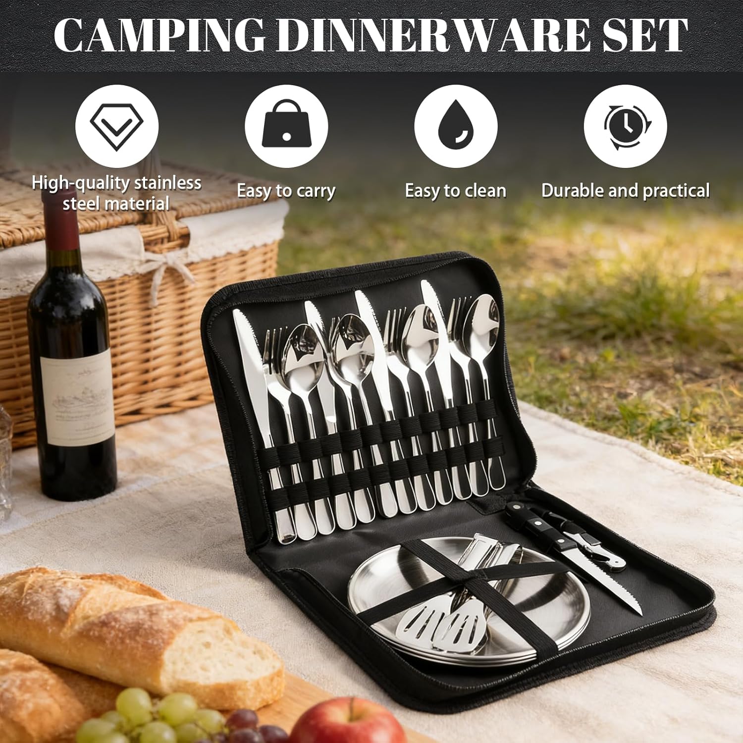 Campinggeschirr-Set für 4 Personen, 22-teiliges tragbares Campingbesteck-Set, Besteck Camping mit Löffel, Gabel, Messer, Tellerklammer, Schneidebrett aus Edelstahl 304, Bestecktasche für Picknick, Reisen – Bild 3